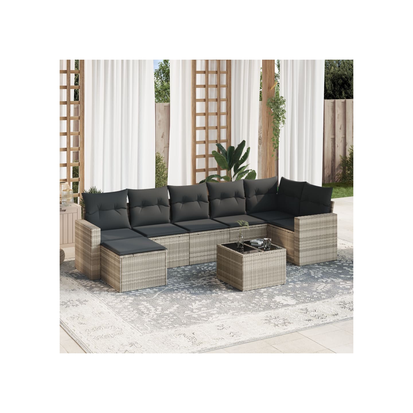 Salon de jardin 8 pcs avec coussins gris clair résine tressée