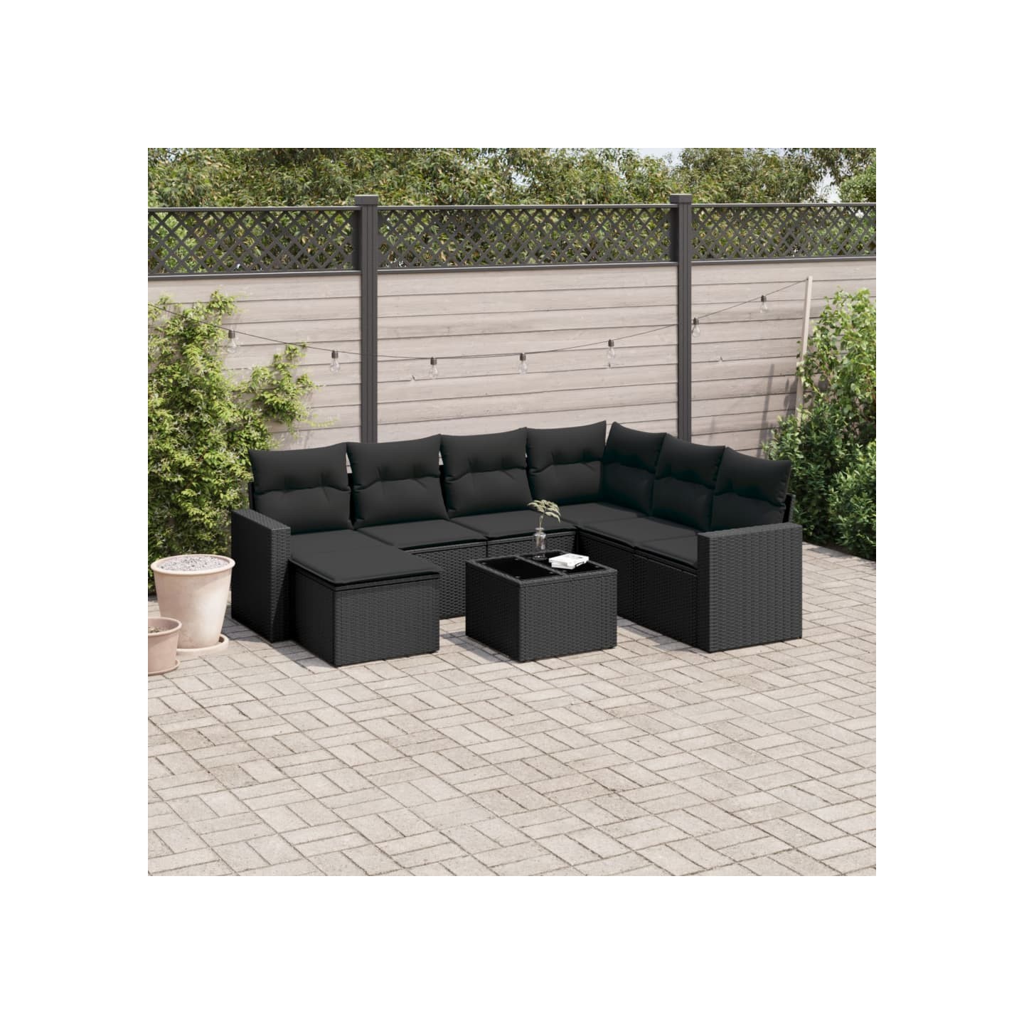 Salon de jardin 8 pcs avec coussins noir résine tressée