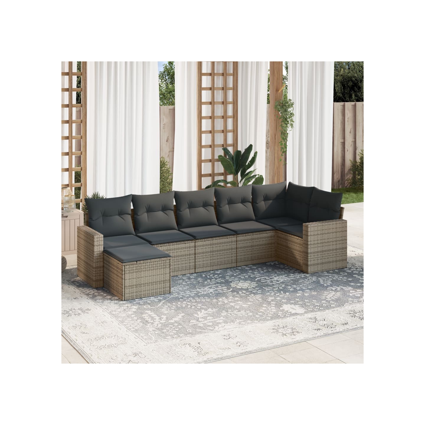 Salon de jardin avec coussins 7 pcs gris résine tressée