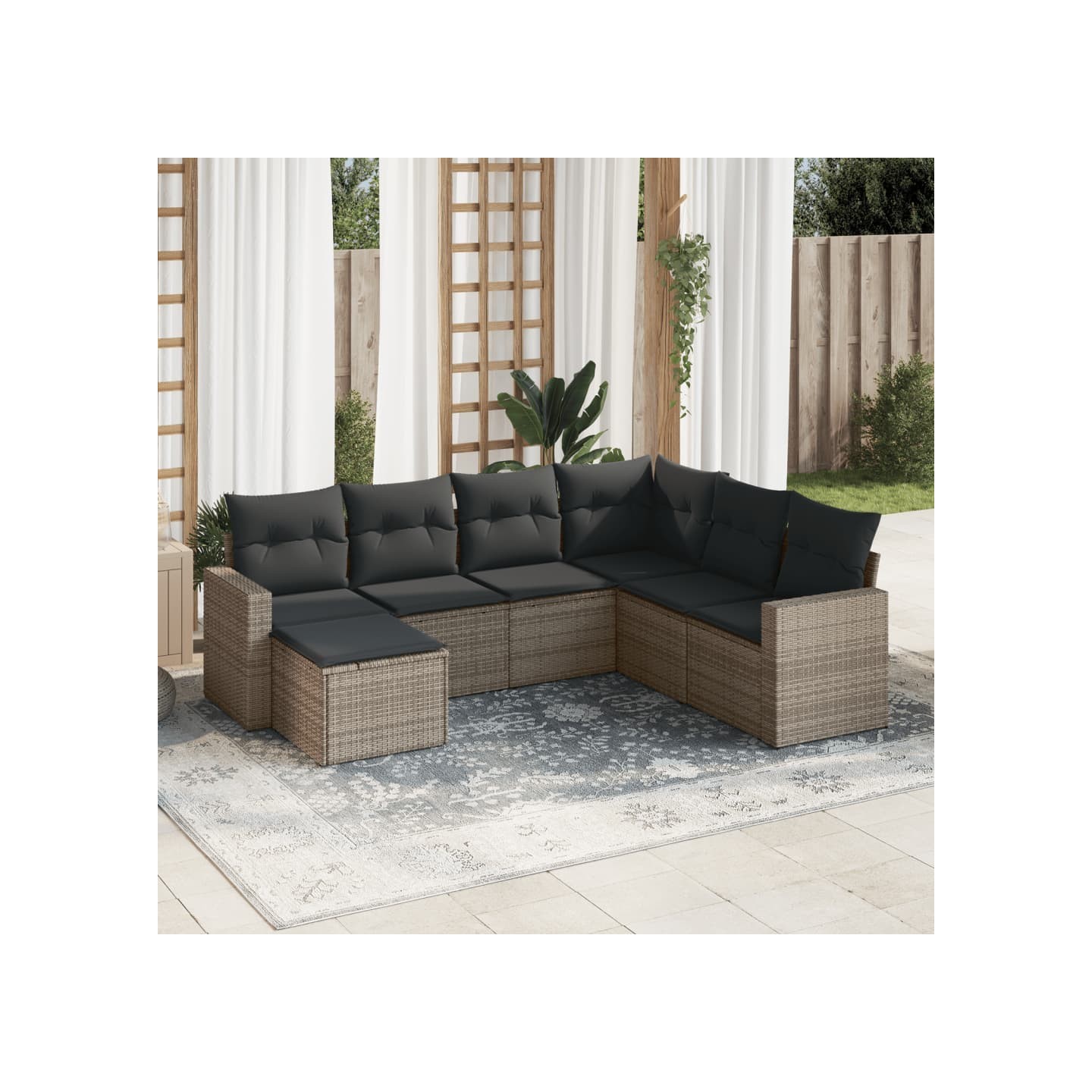 Salon de jardin avec coussins 7 pcs gris résine tressée