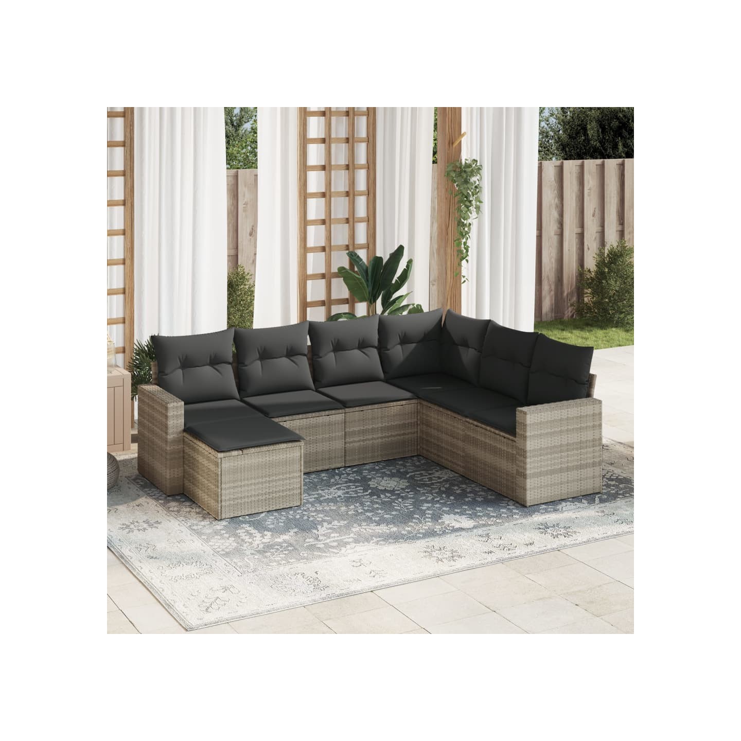 Salon de jardin avec coussins 7 pcs gris clair résine tressée