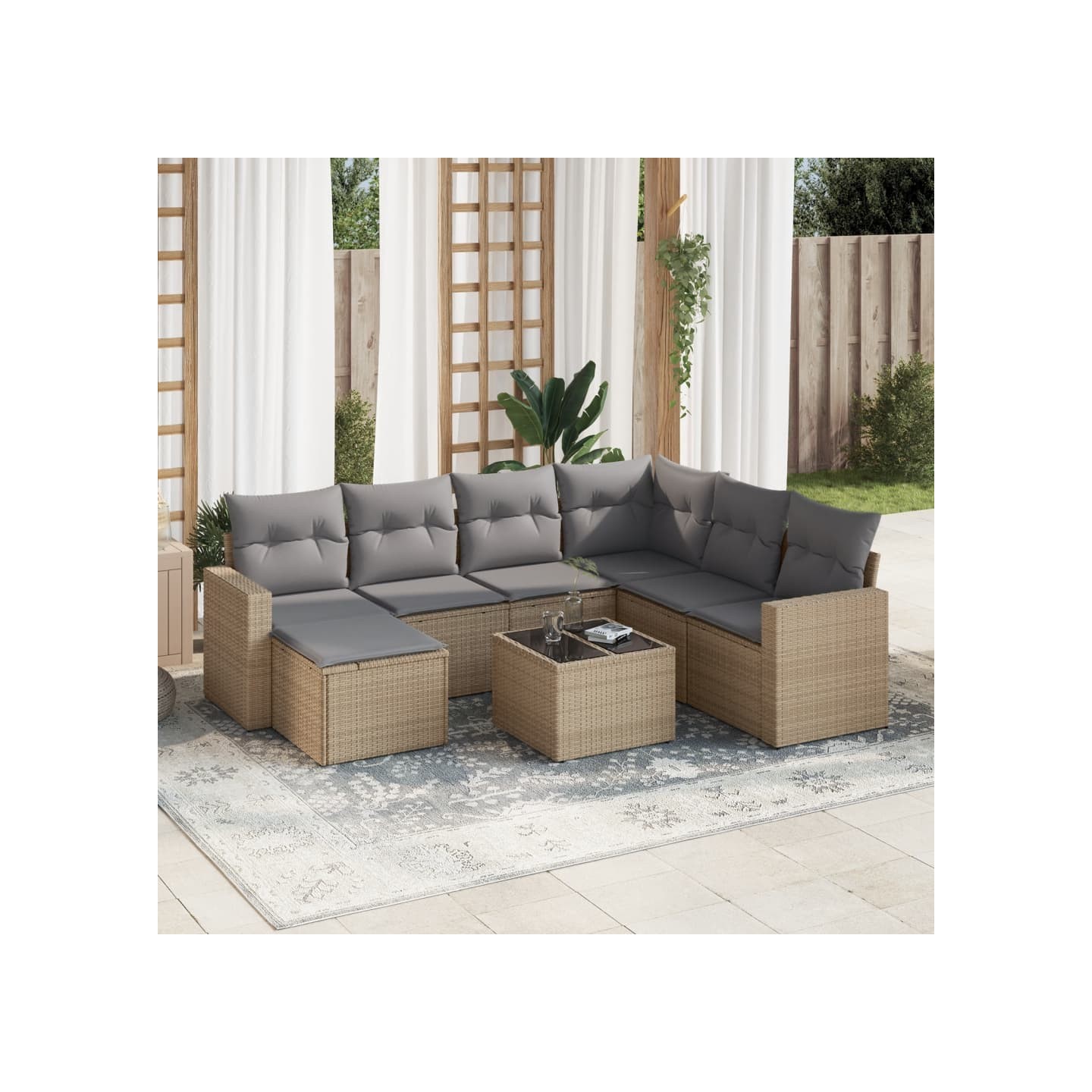 Salon de jardin avec coussins 8 pcs beige résine tressée