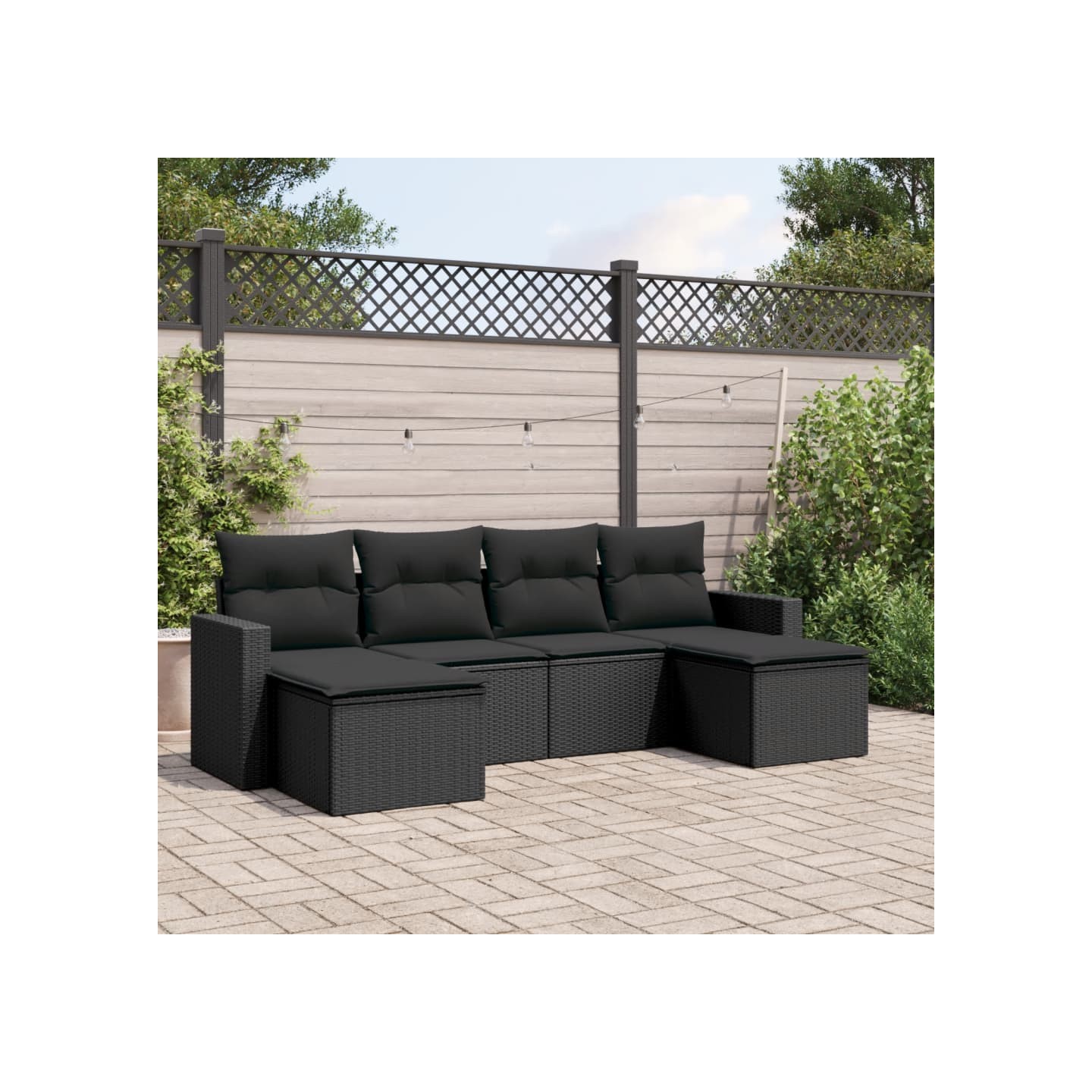 Salon de jardin 6 pcs avec coussins noir résine tressée