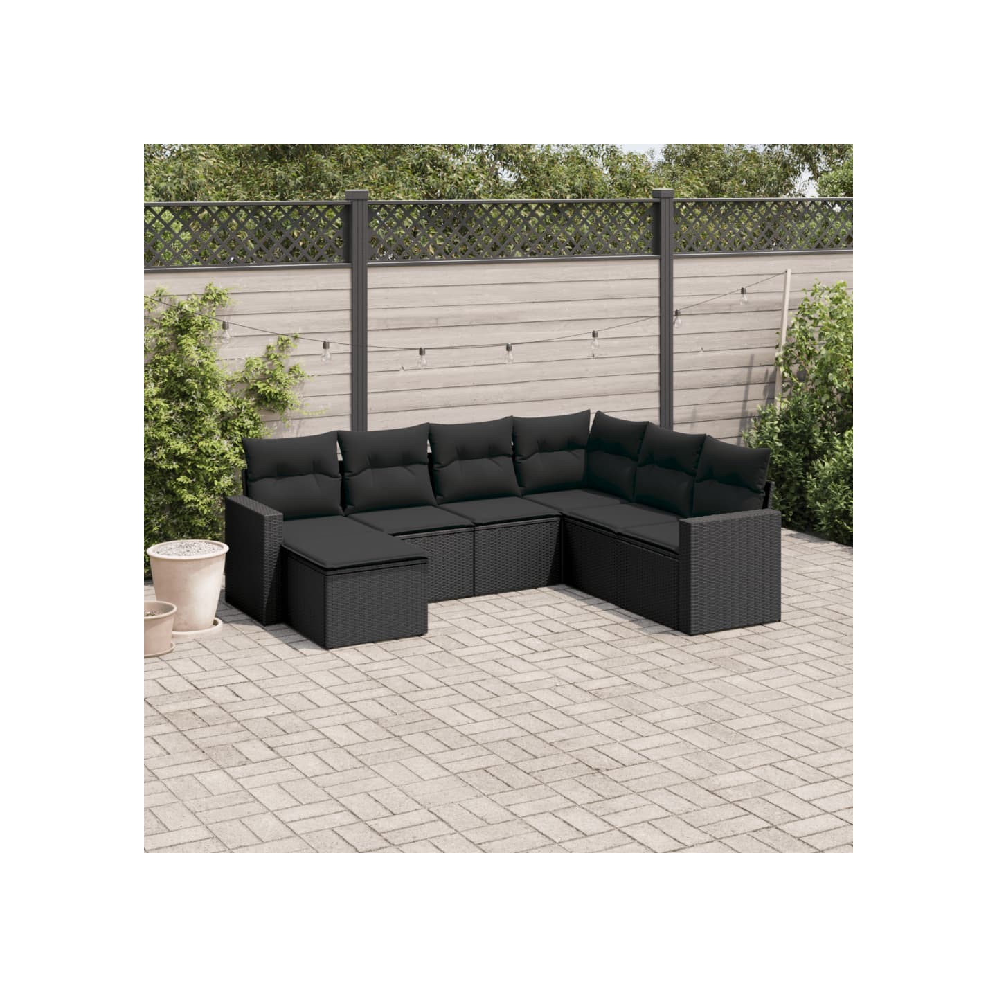 Salon de jardin 7 pcs avec coussins noir résine tressée