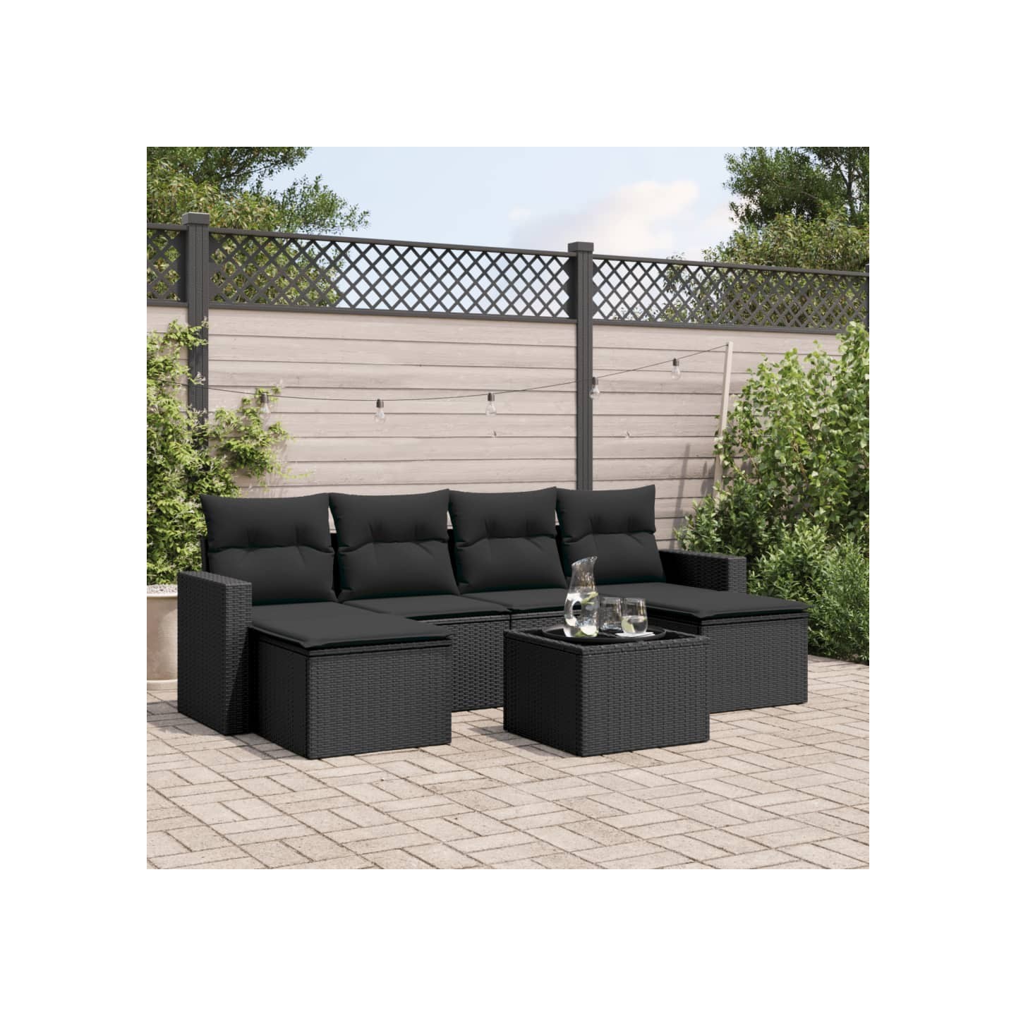 Salon de jardin 7 pcs avec coussins noir résine tressée