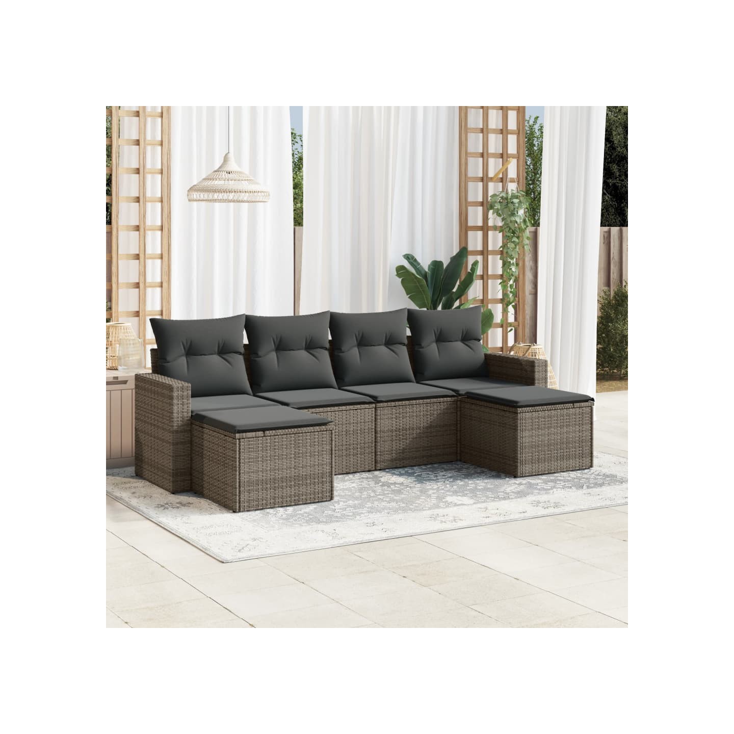 Salon de jardin 6 pcs avec coussins gris résine tressée