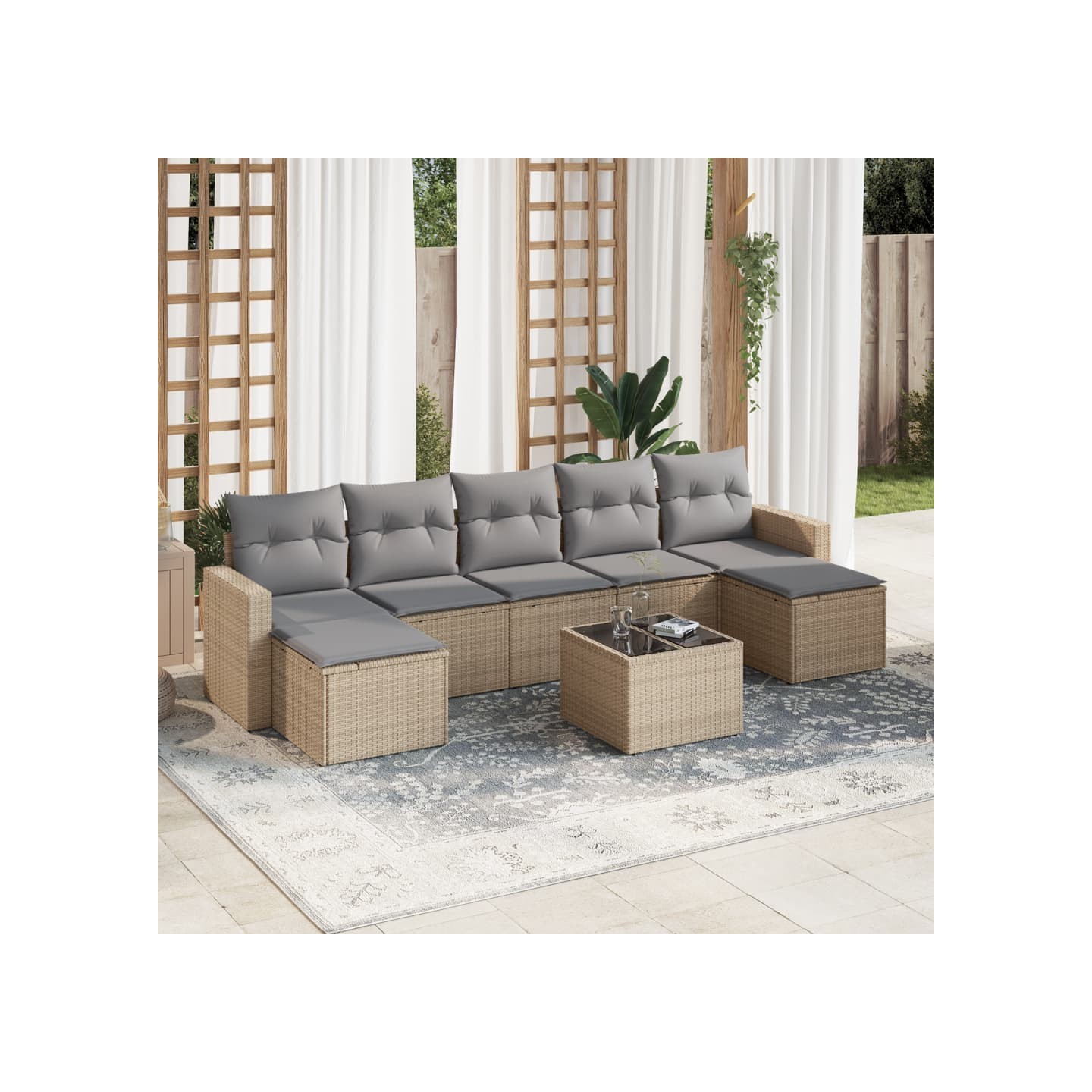 Salon de jardin avec coussins 8 pcs beige résine tressée
