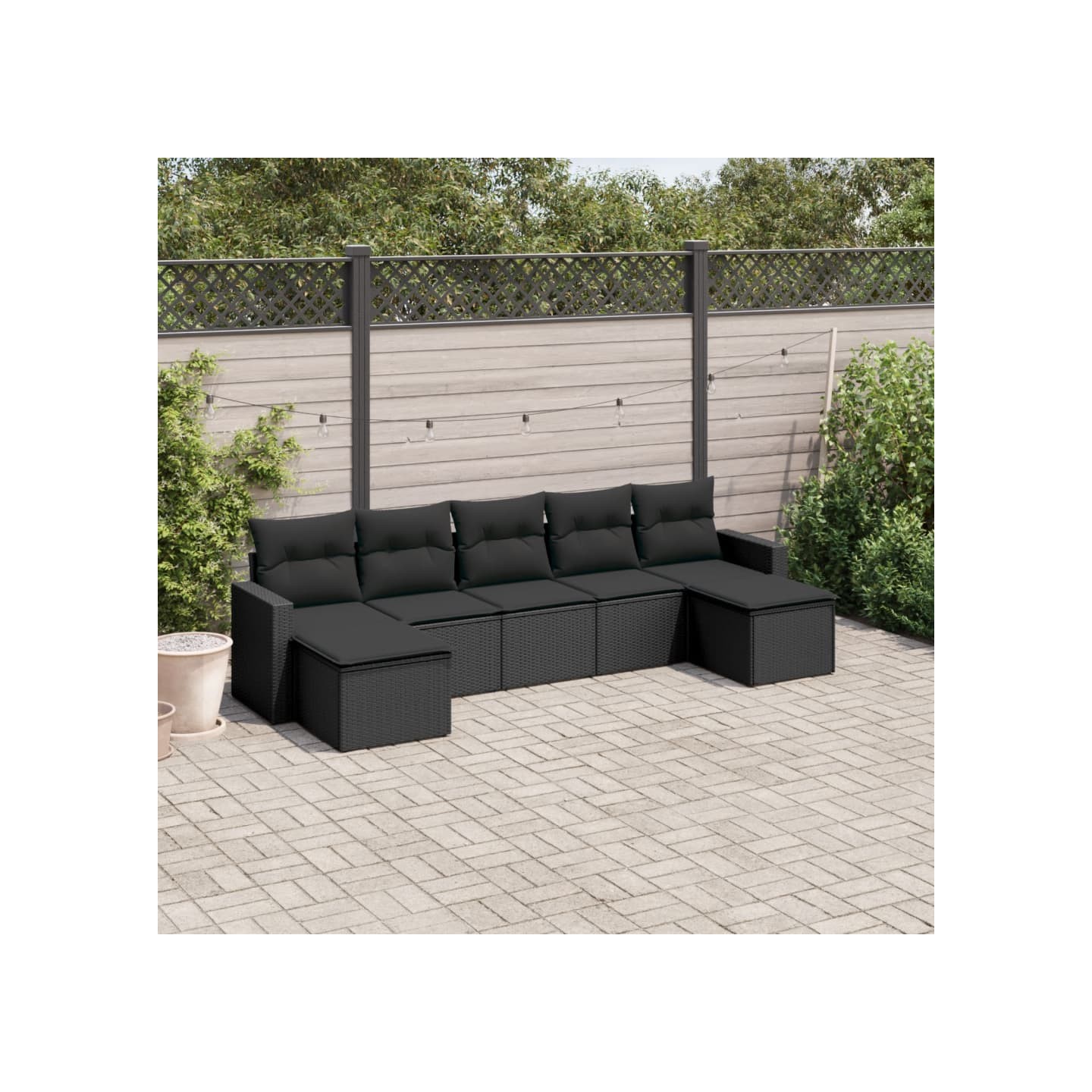 Salon de jardin 7 pcs avec coussins noir résine tressée