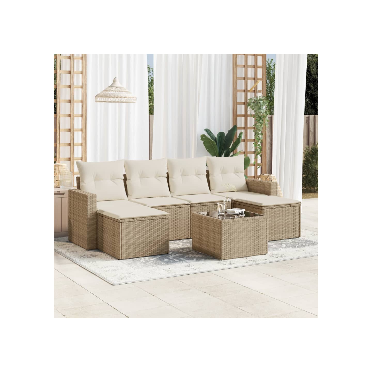Salon de jardin avec coussins 7 pcs beige résine tressée