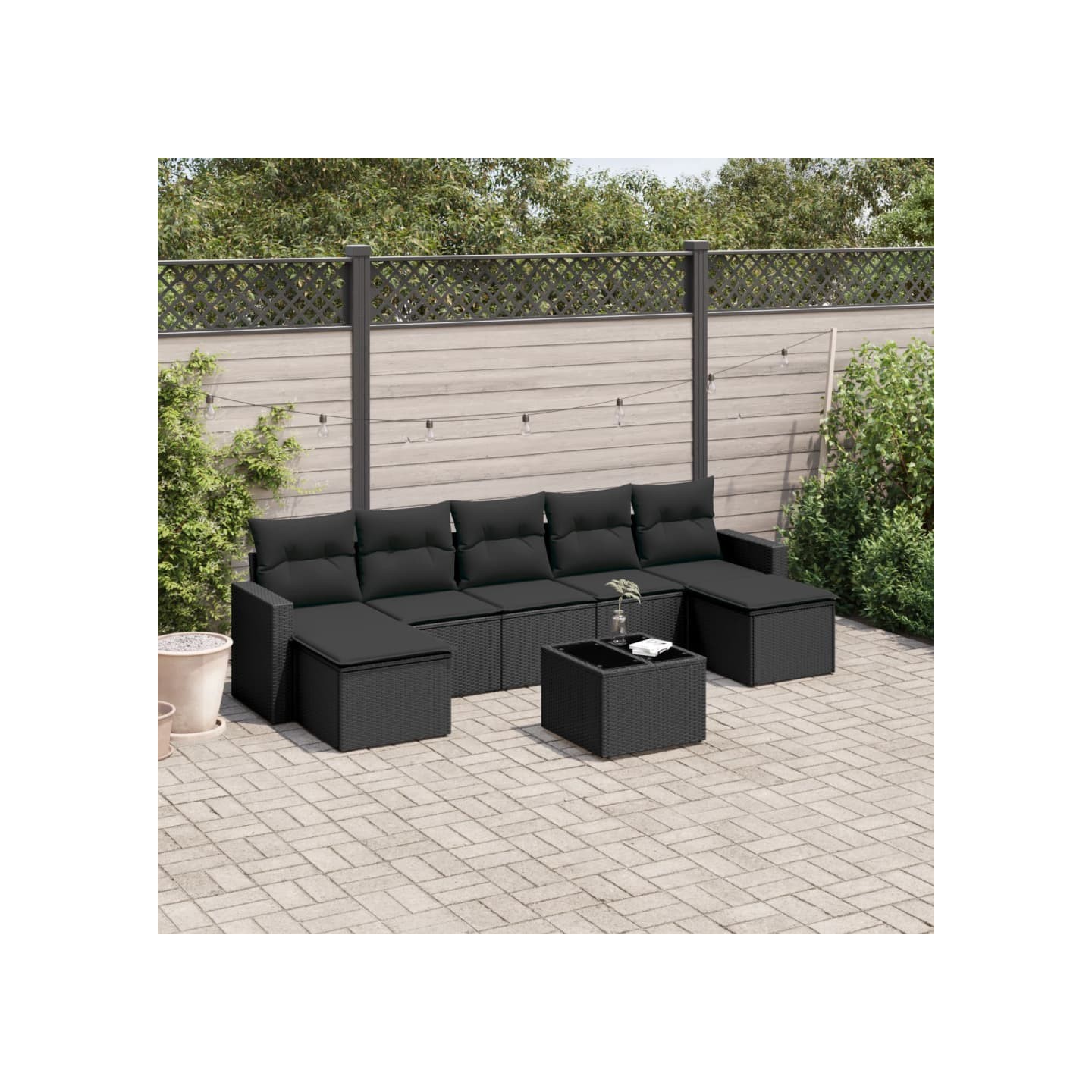 Salon de jardin 8 pcs avec coussins noir résine tressée