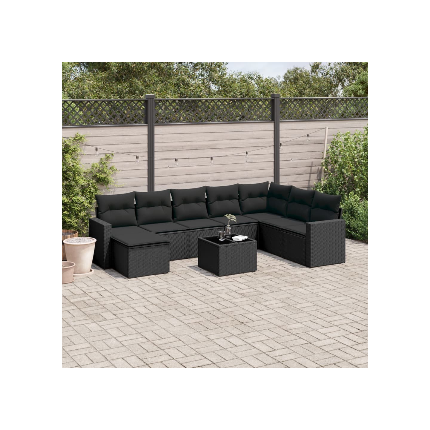 Salon de jardin 9 pcs avec coussins noir résine tressée