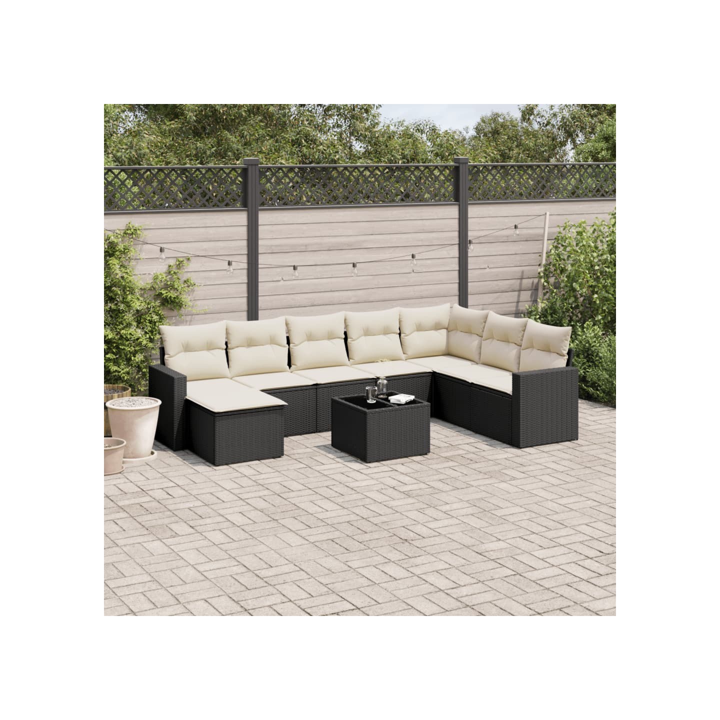 Salon de jardin 9 pcs avec coussins noir résine tressée