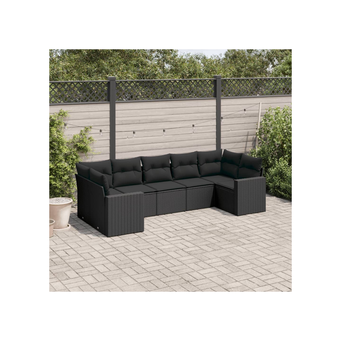 Salon de jardin 7 pcs avec coussins noir résine tressée