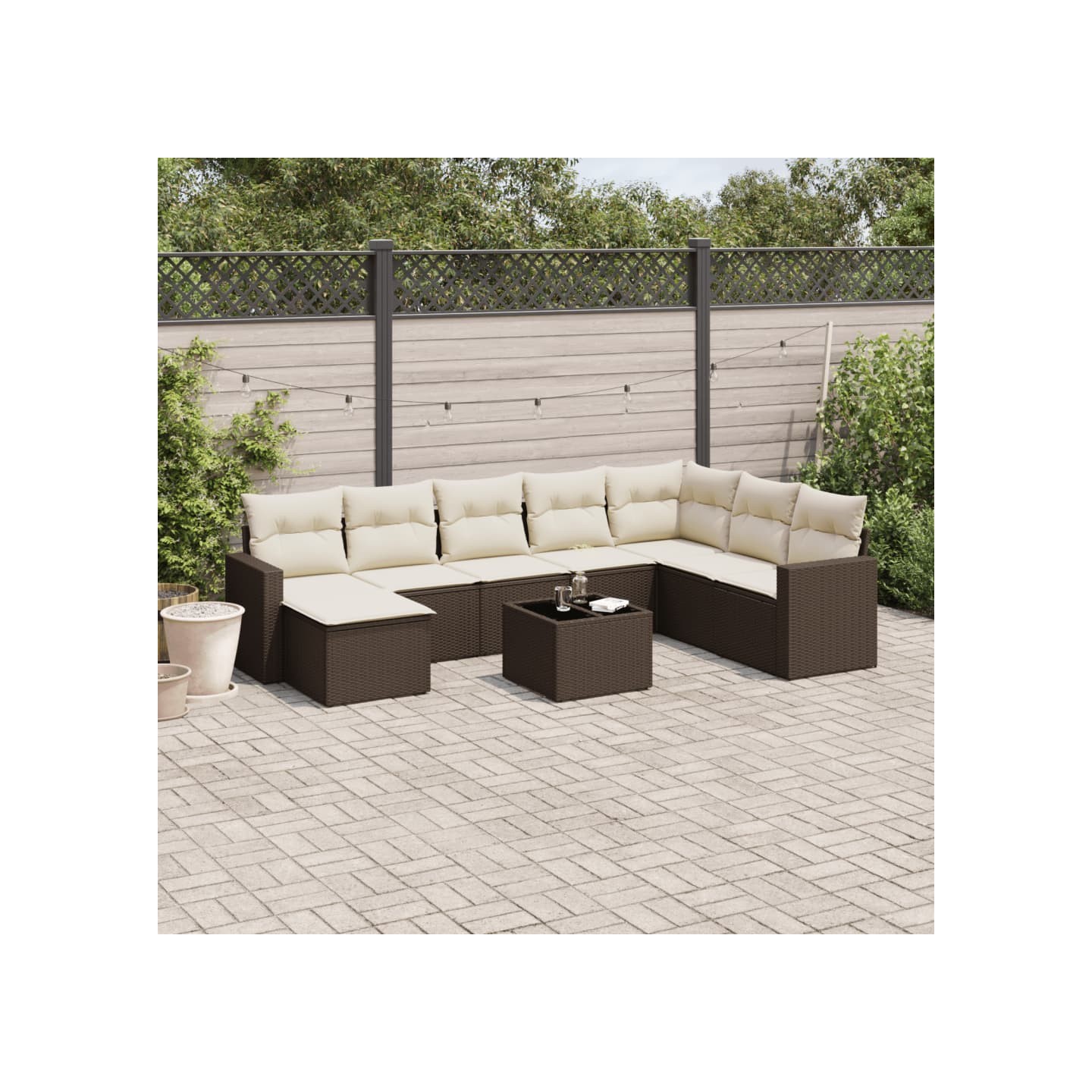 Salon de jardin avec coussins 9 pcs marron résine tressée
