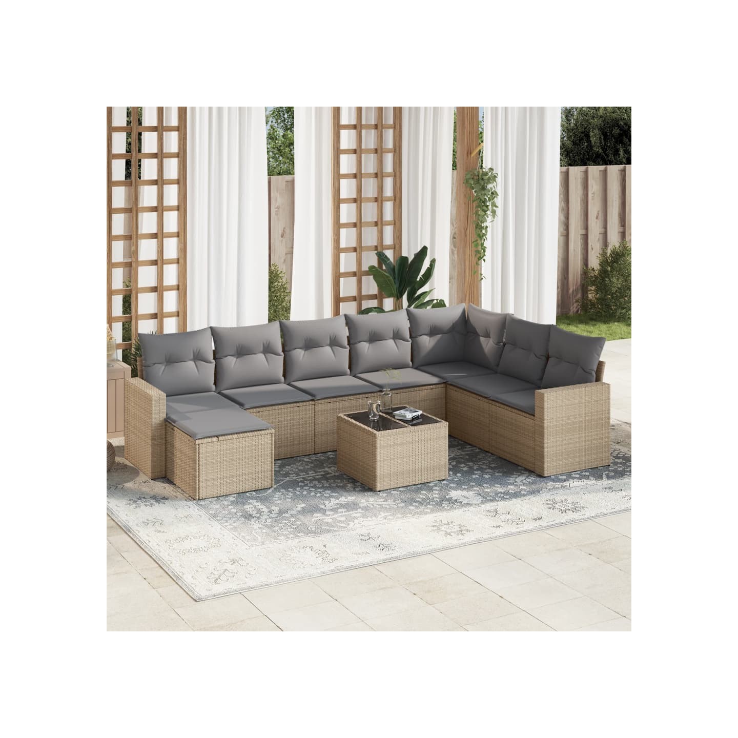 Salon de jardin avec coussins 9 pcs beige résine tressée