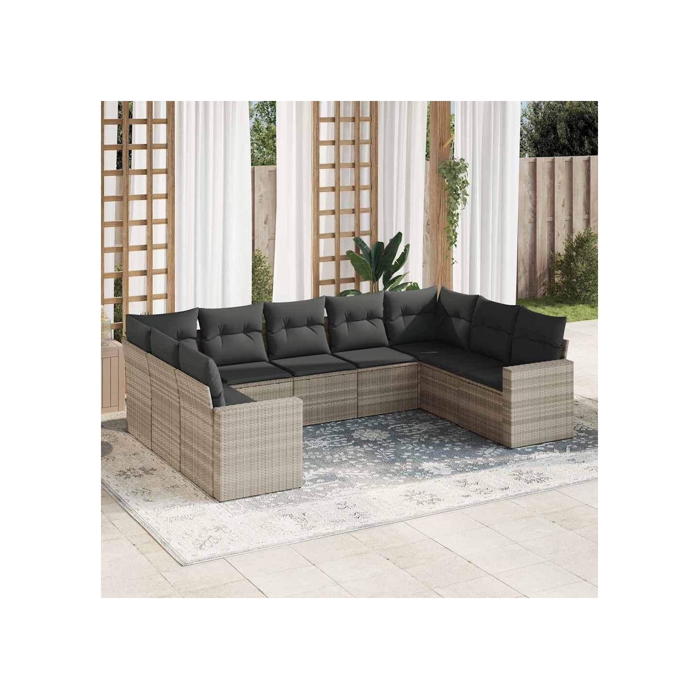 Salon de jardin 9 pcs avec coussins gris clair résine tressée