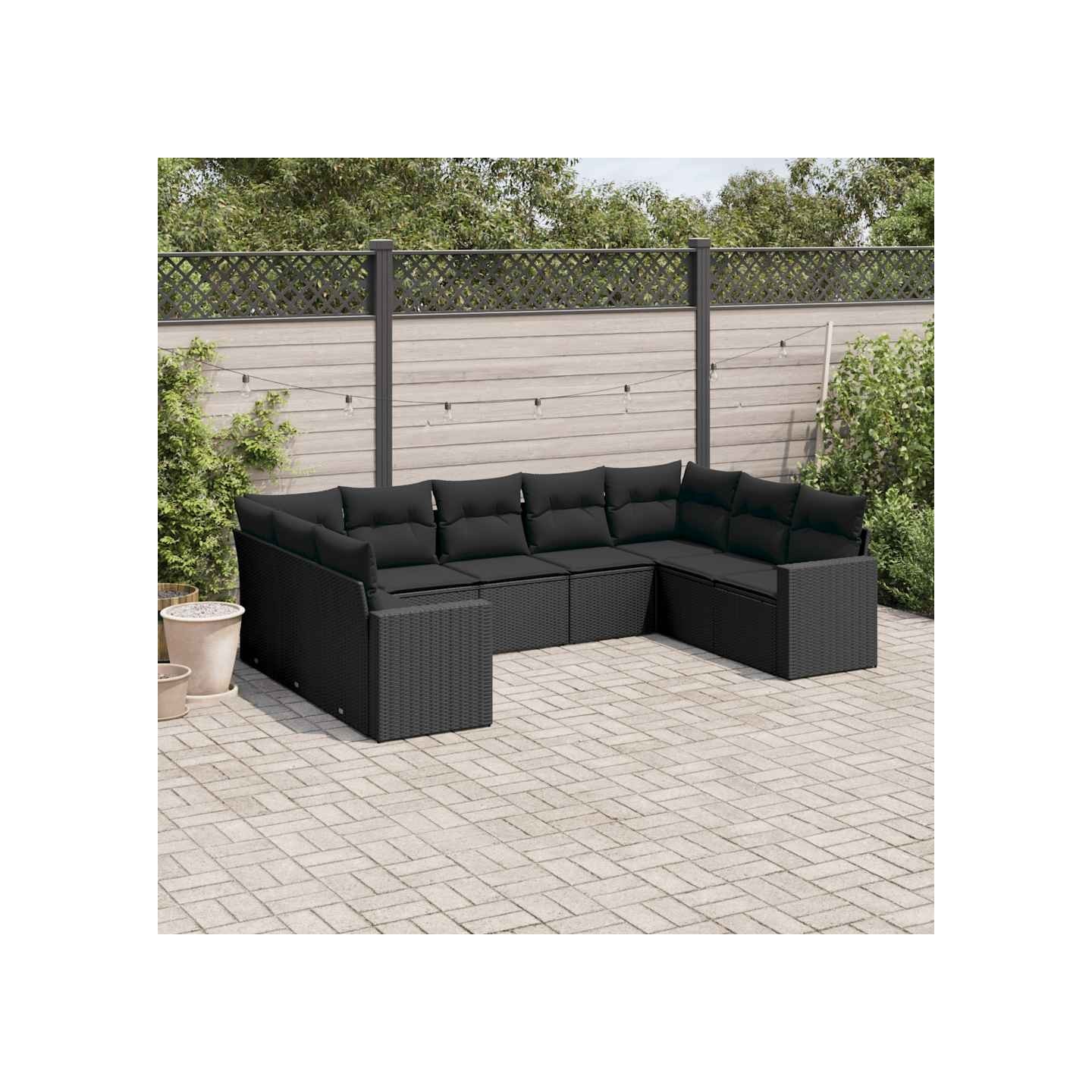 Salon de jardin 9 pcs avec coussins noir résine tressée