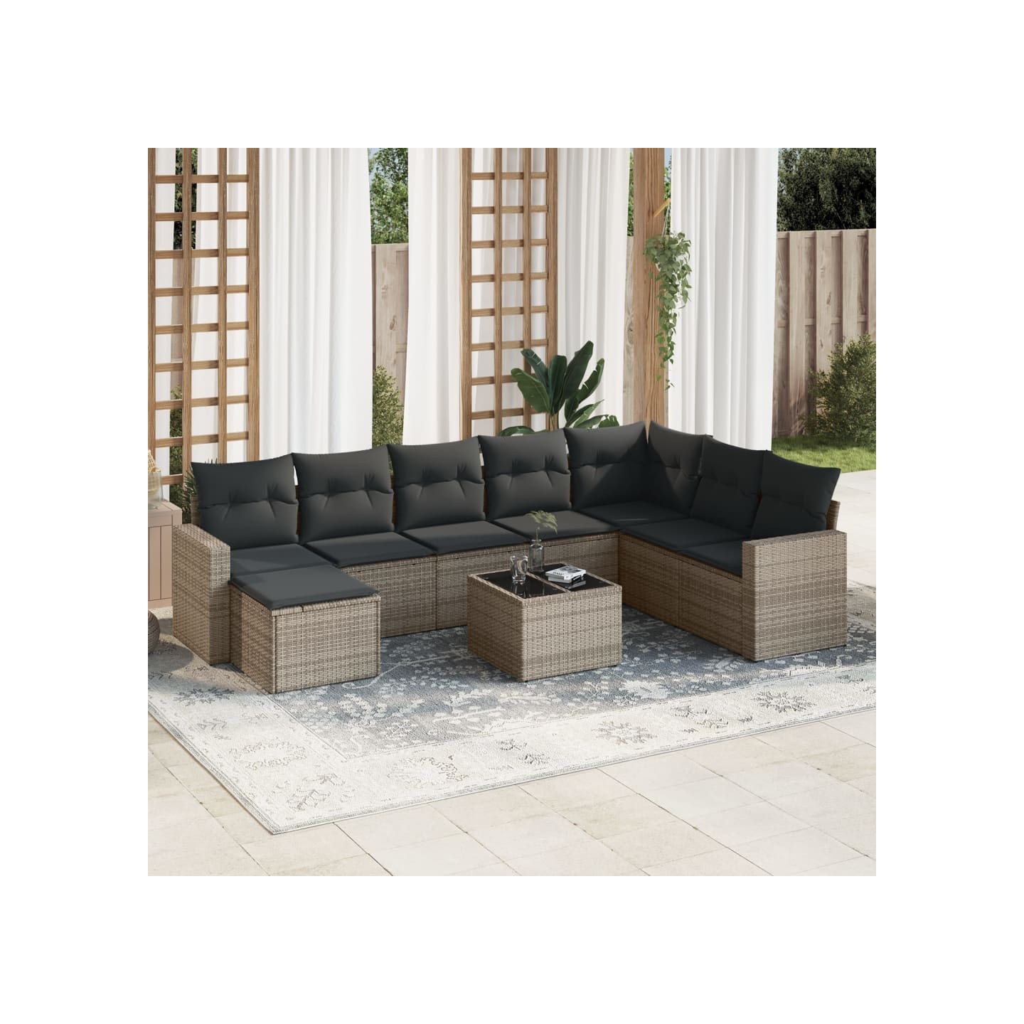 Salon de jardin 9 pcs avec coussins gris résine tressée