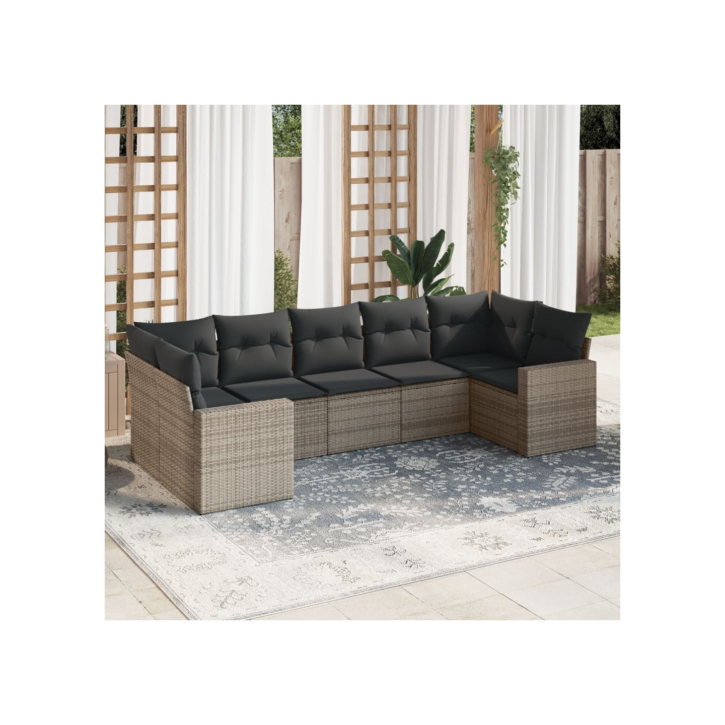 Salon de jardin avec coussins 7 pcs gris résine tressée