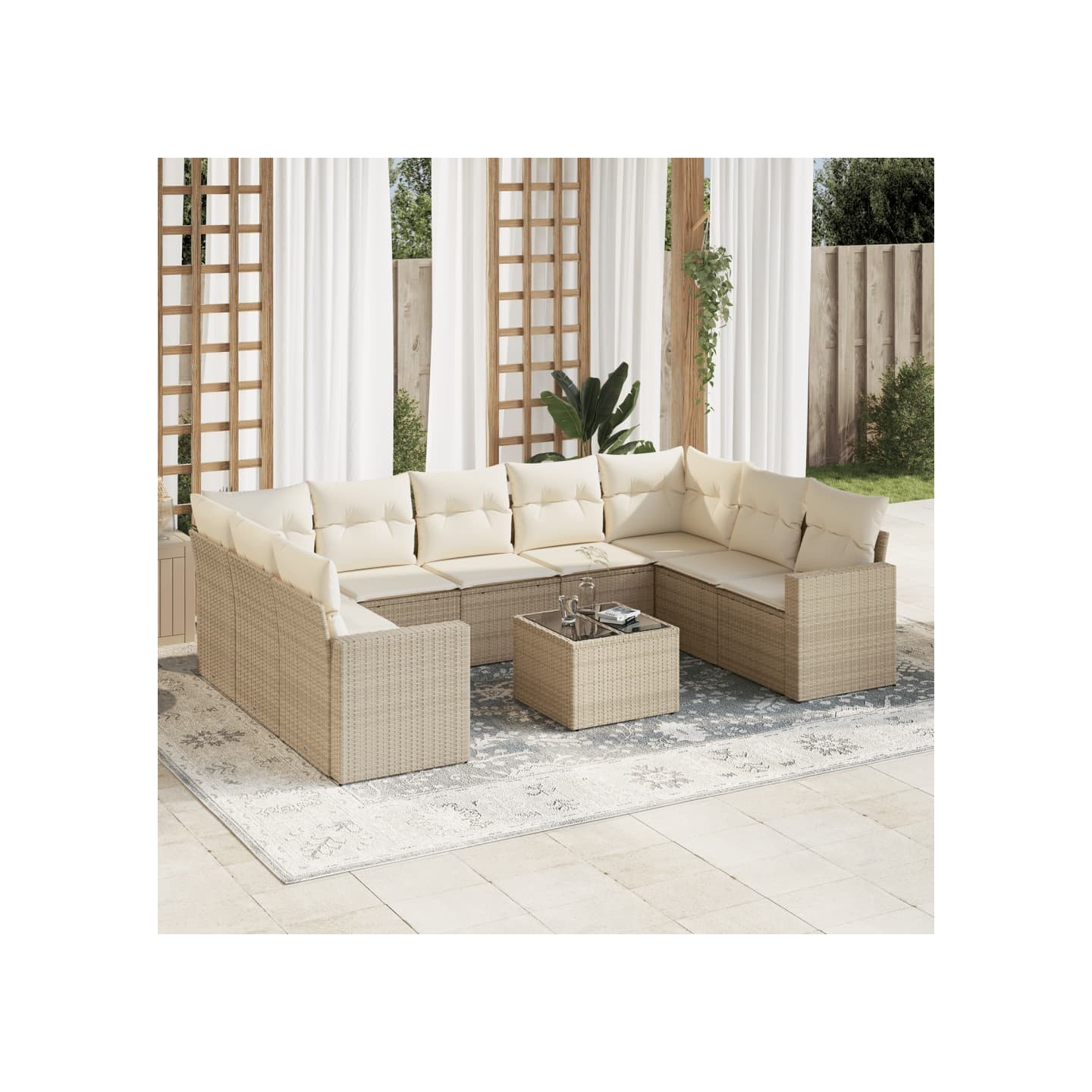 Salon de jardin avec coussins 10 pcs beige résine tressée