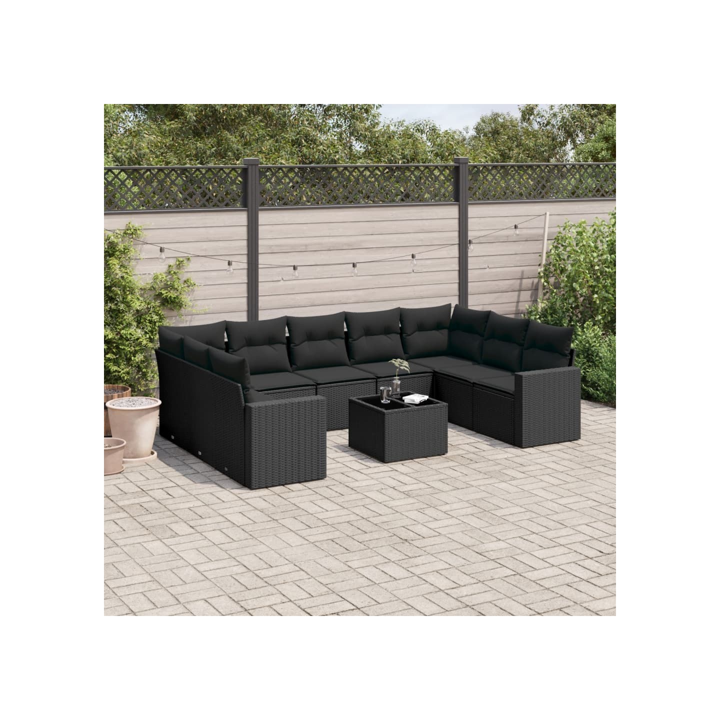 Salon de jardin 10 pcs avec coussins noir résine tressée