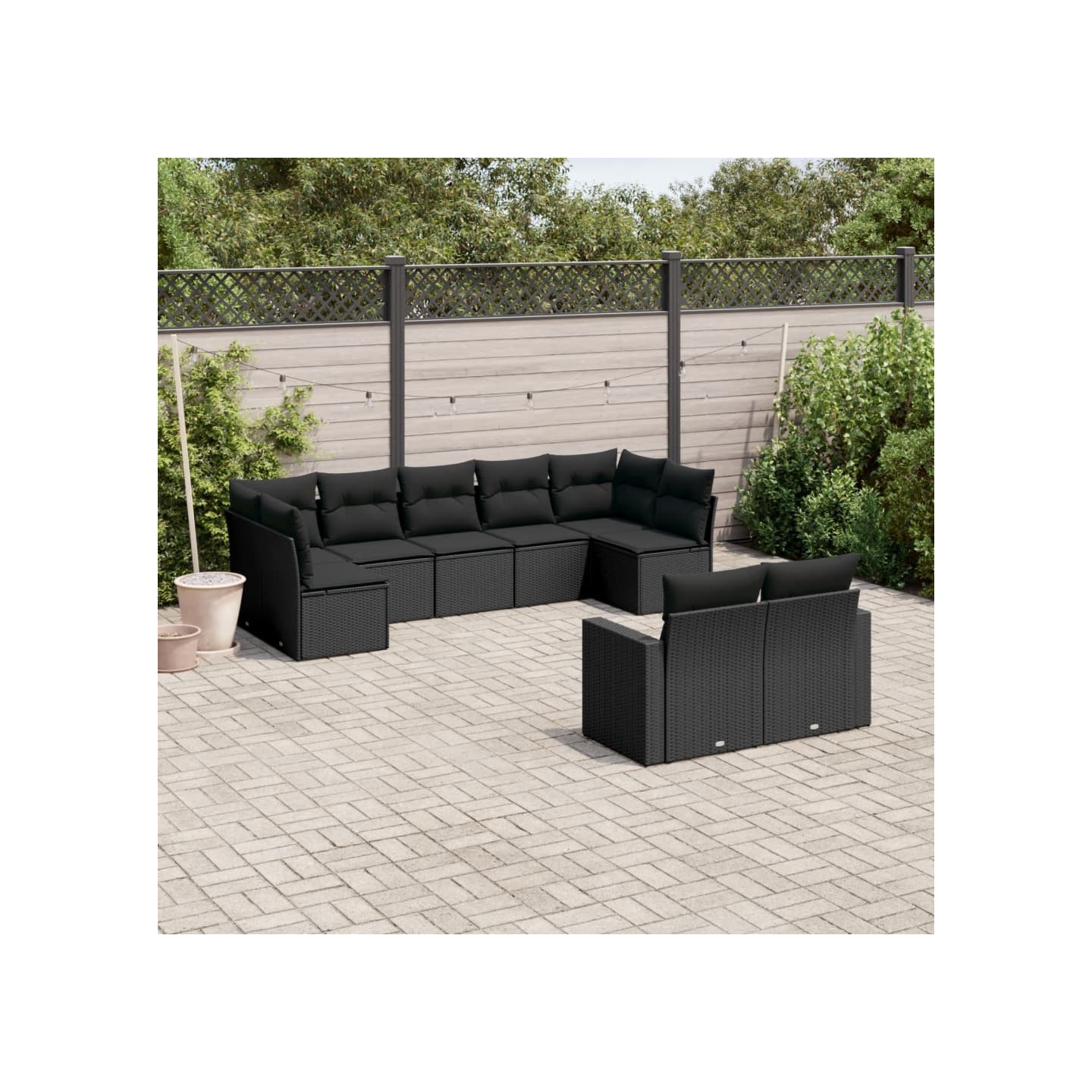 Salon de jardin 9 pcs avec coussins noir résine tressée