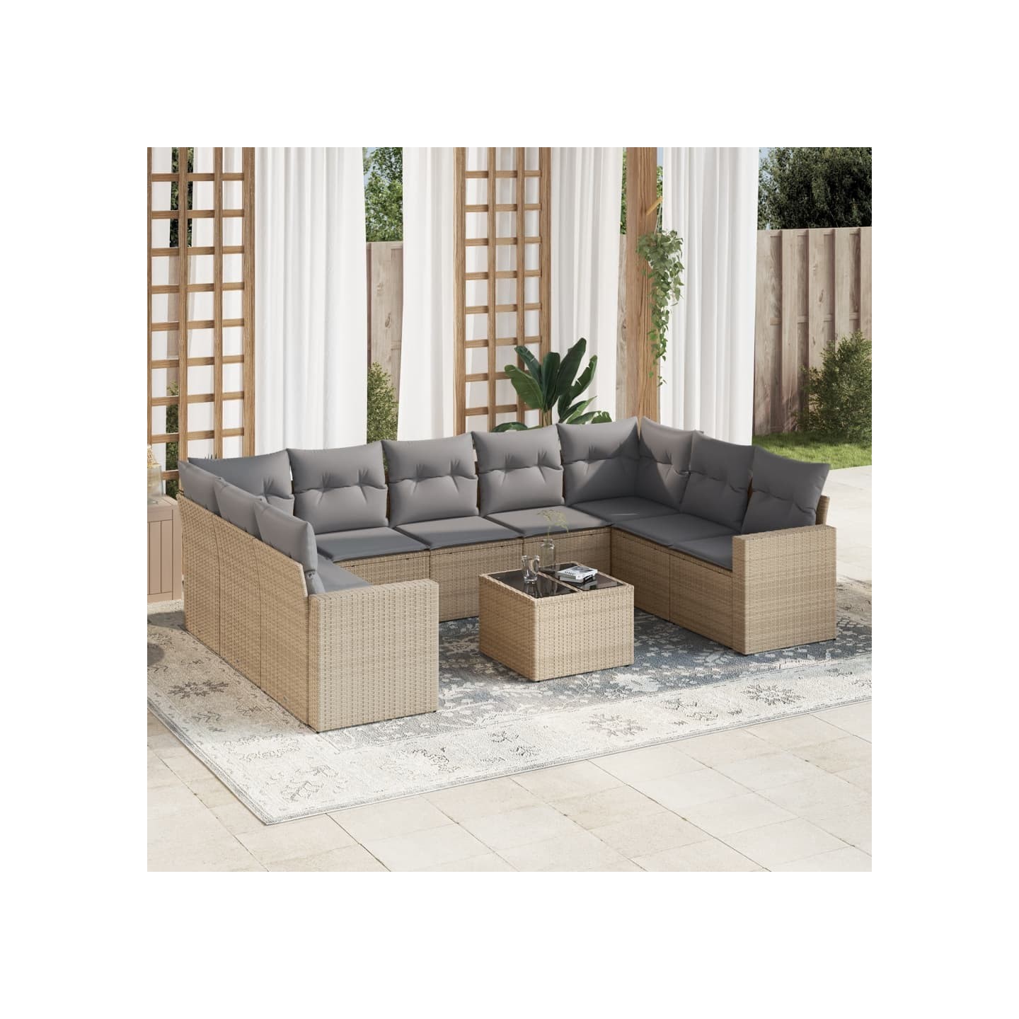 Salon de jardin avec coussins 10 pcs beige résine tressée