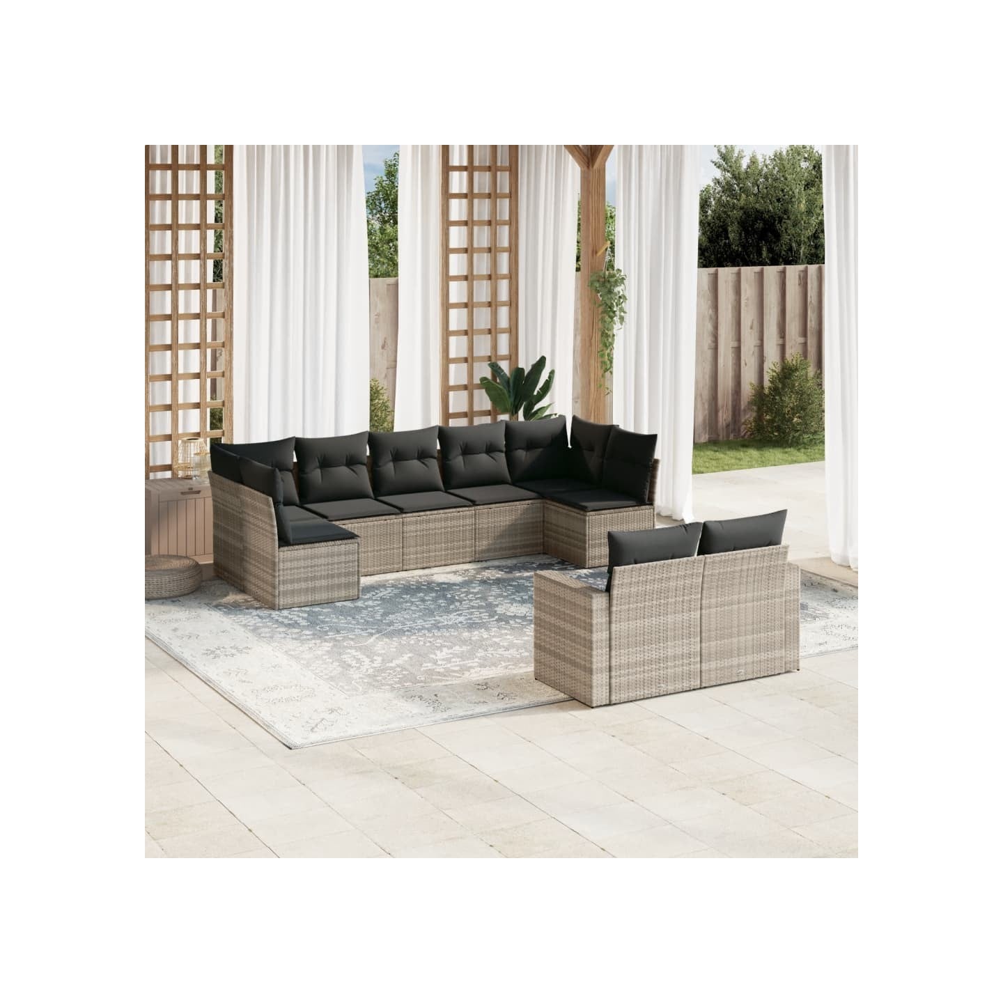 Salon de jardin 9 pcs avec coussins gris clair résine tressée