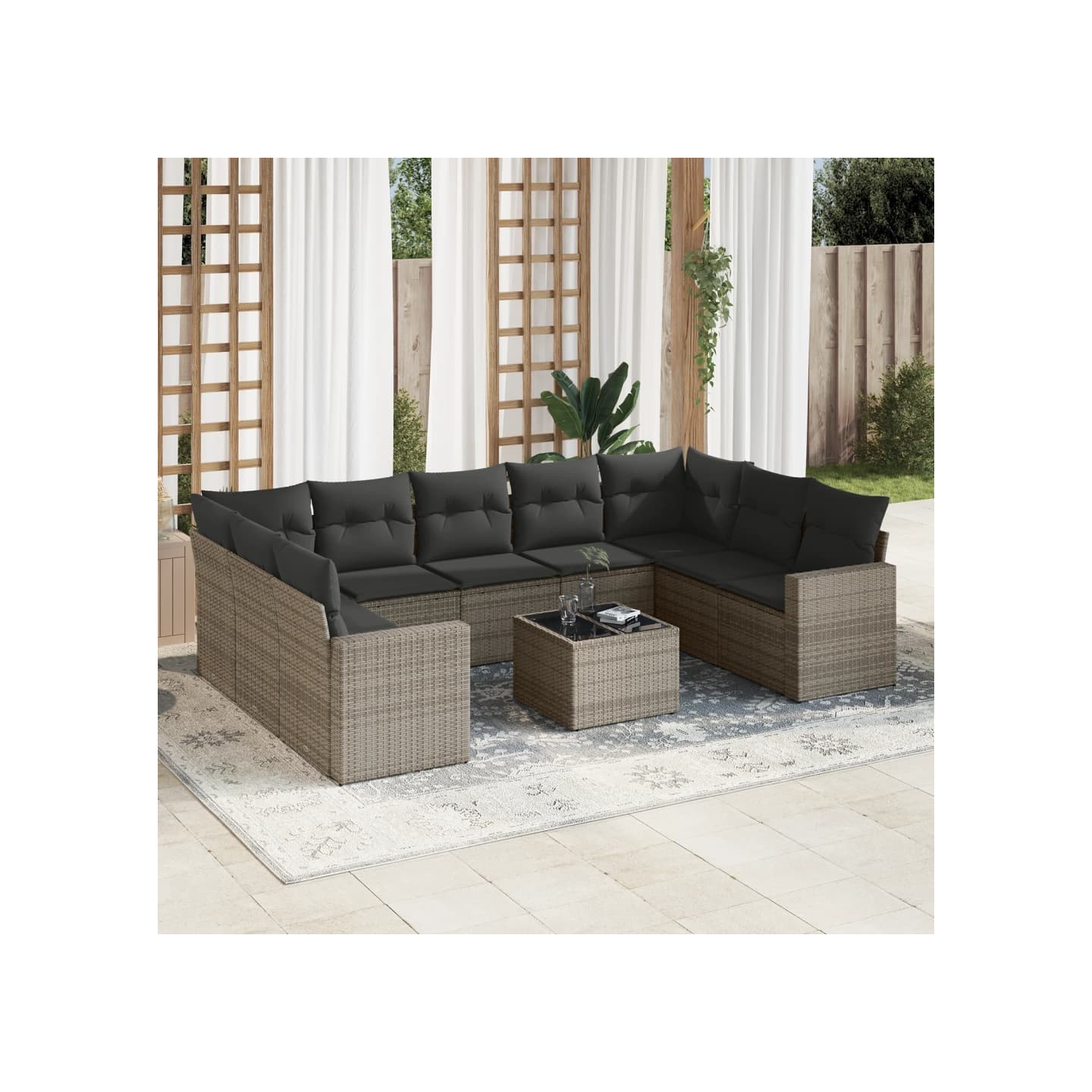 Salon de jardin avec coussins 10 pcs gris résine tressée
