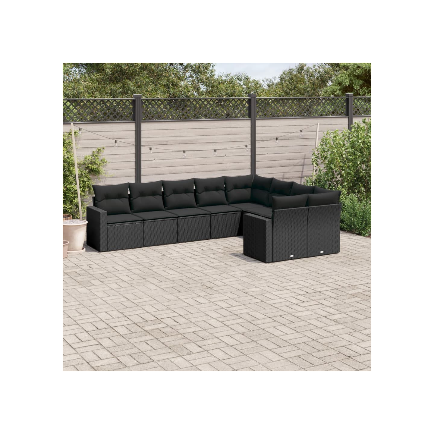 Salon de jardin 9 pcs avec coussins noir résine tressée