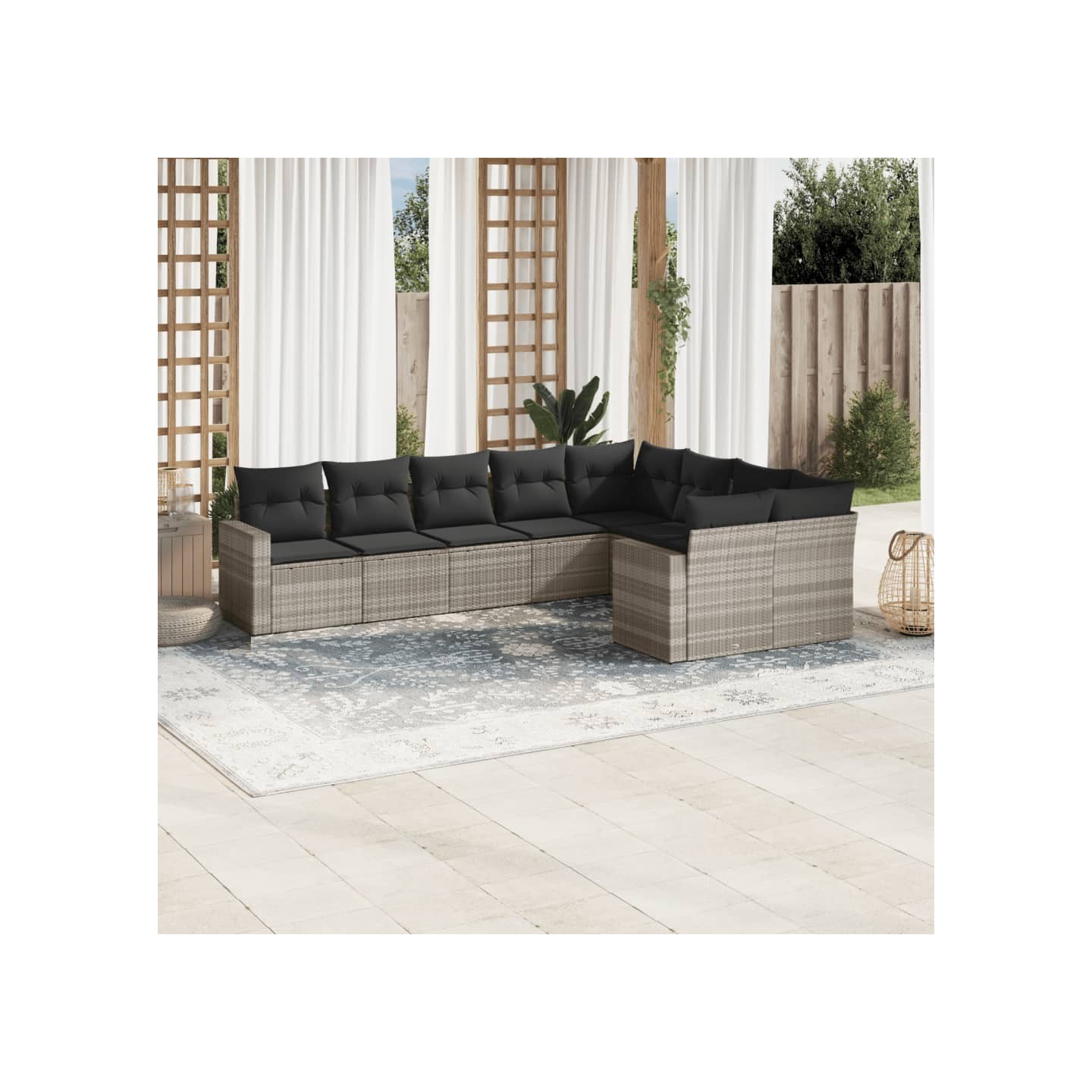 Salon de jardin 9 pcs avec coussins gris clair résine tressée