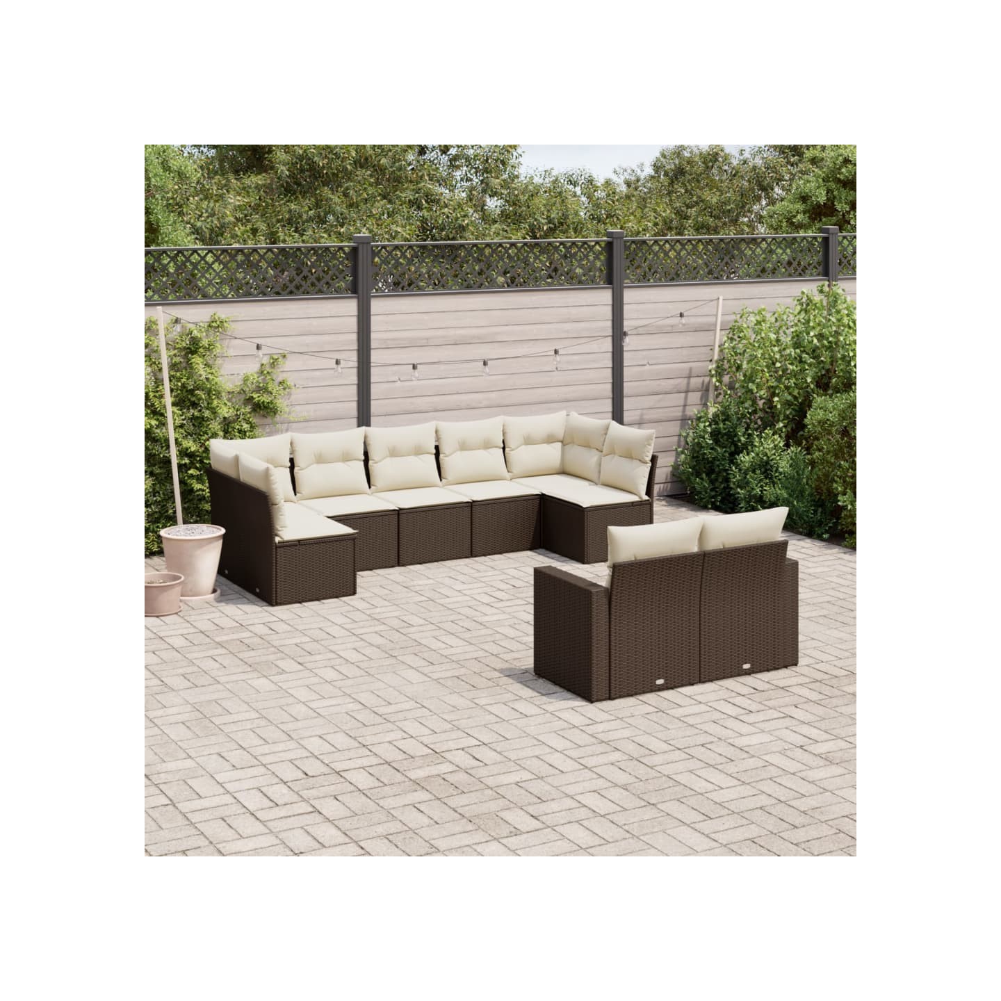 Salon de jardin avec coussins 9 pcs marron résine tressée
