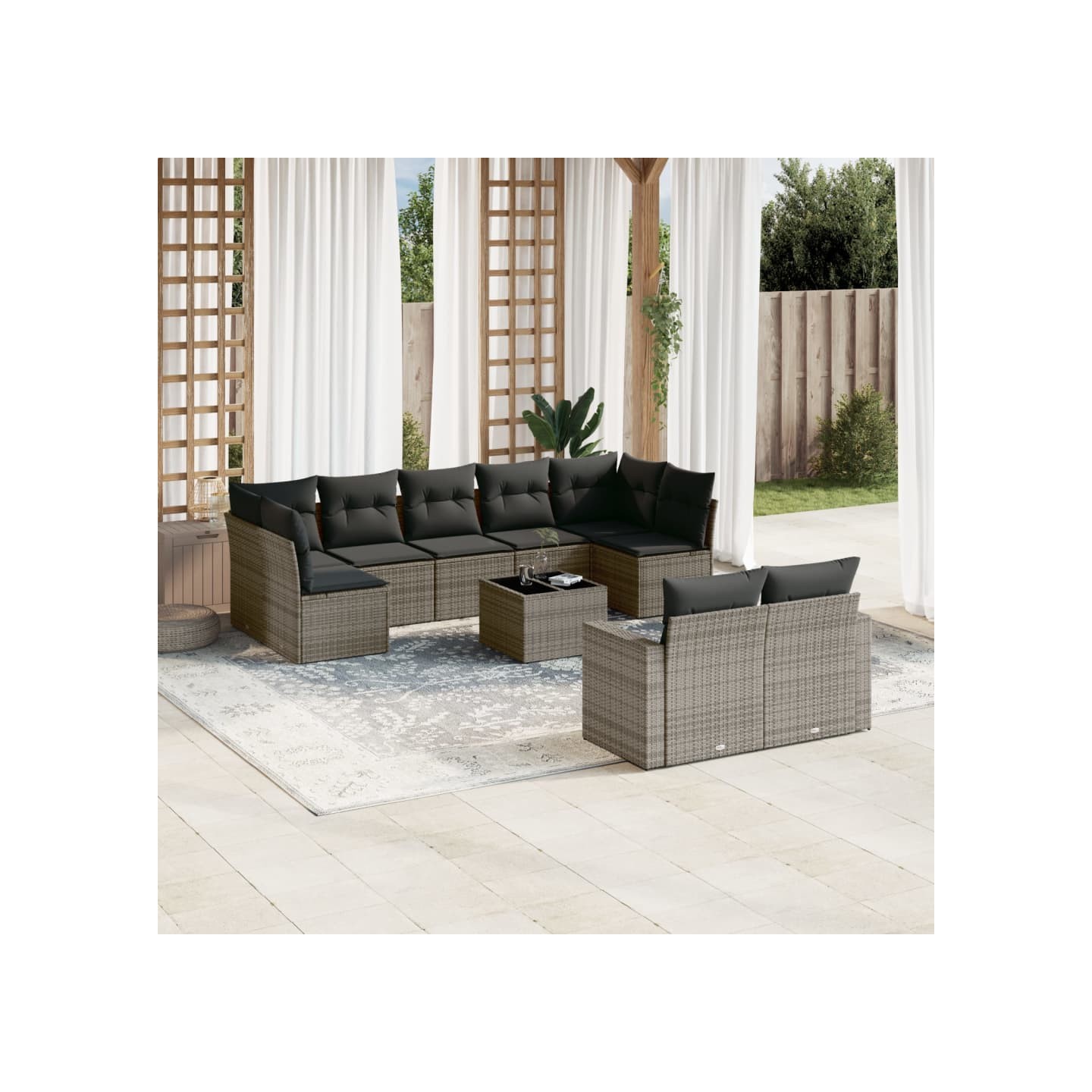Salon de jardin avec coussins 10 pcs gris résine tressée
