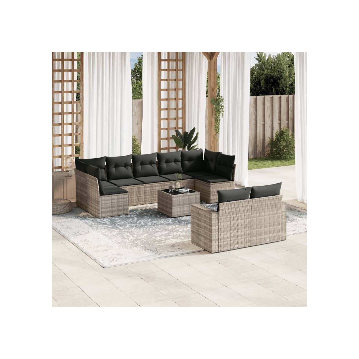 Salon de jardin avec coussins 10 pcs gris clair résine tressée