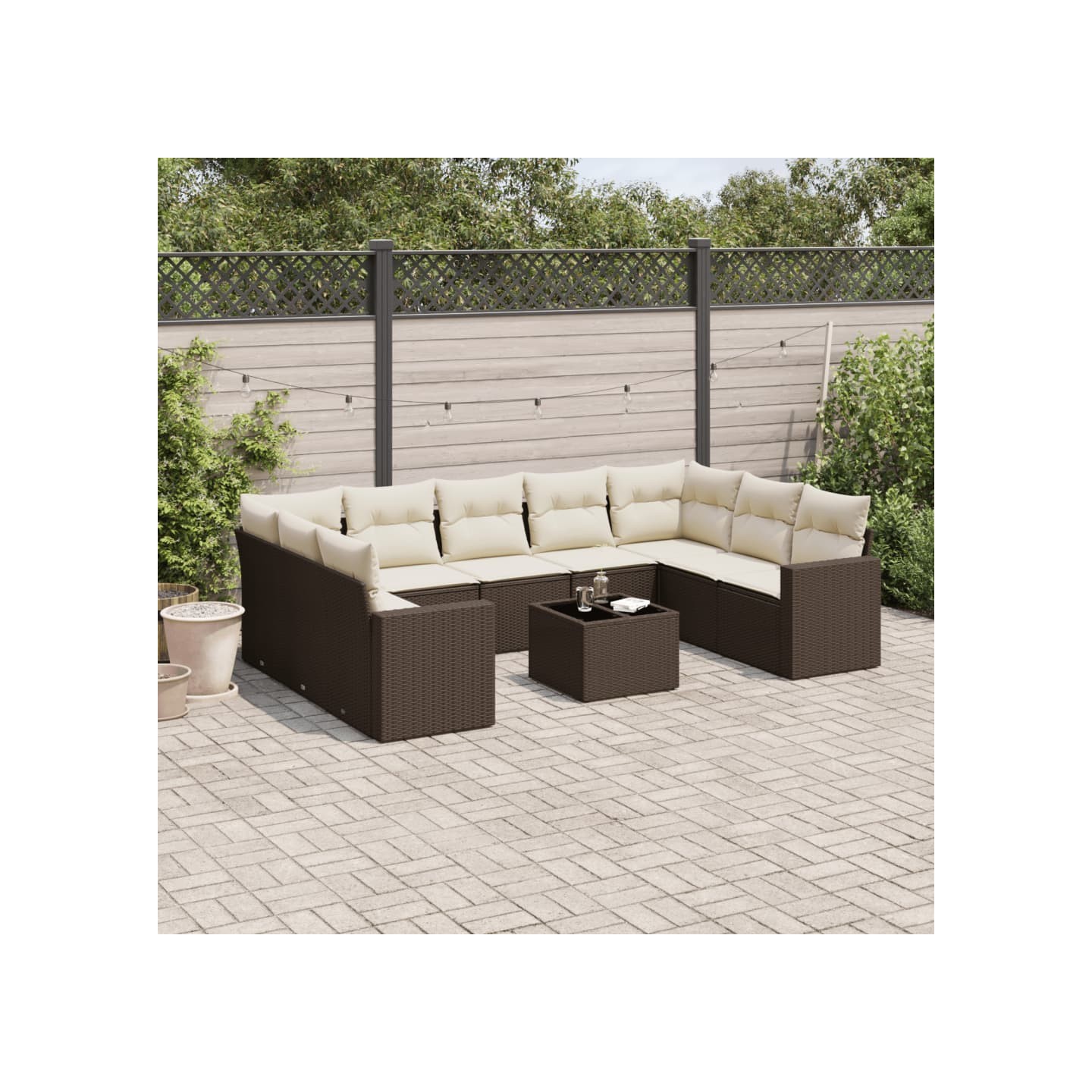 Salon de jardin 10 pcs avec coussins marron résine tressée