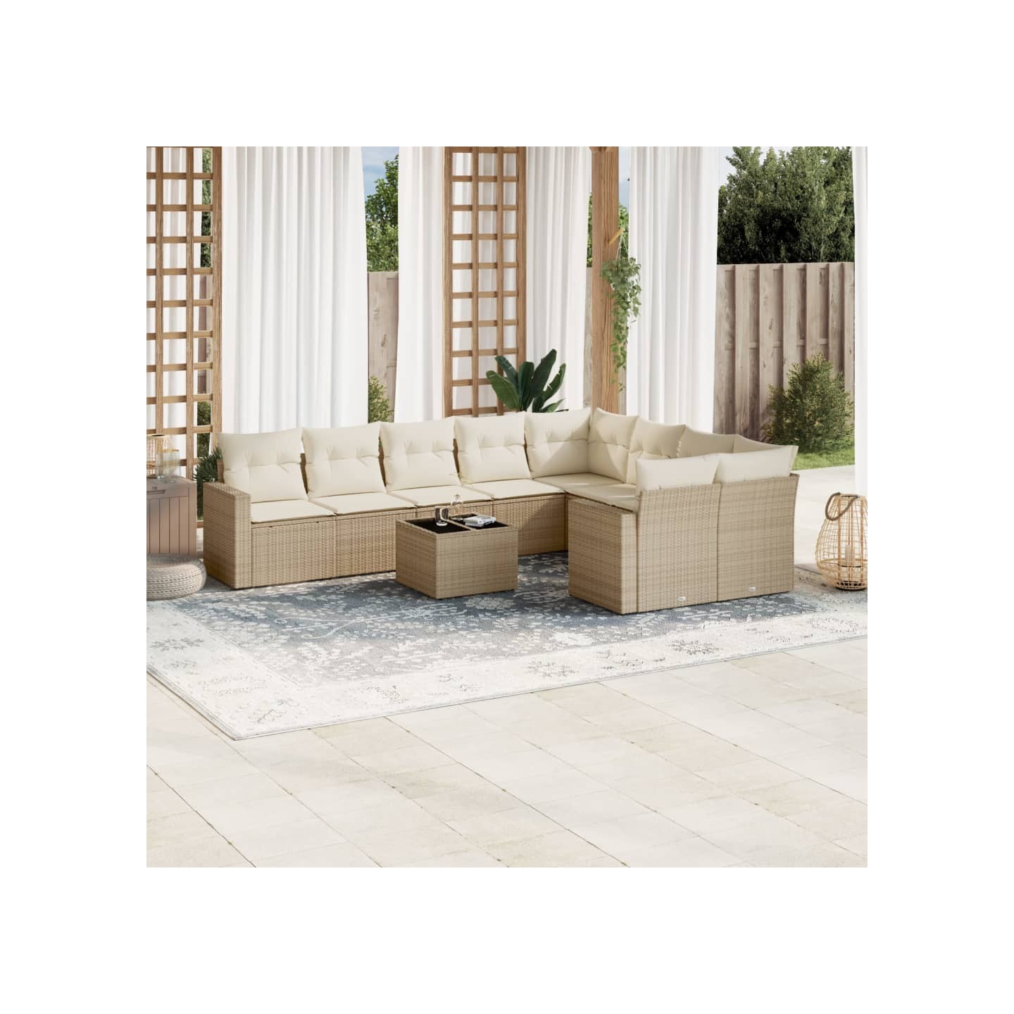Salon de jardin avec coussins 10 pcs beige résine tressée