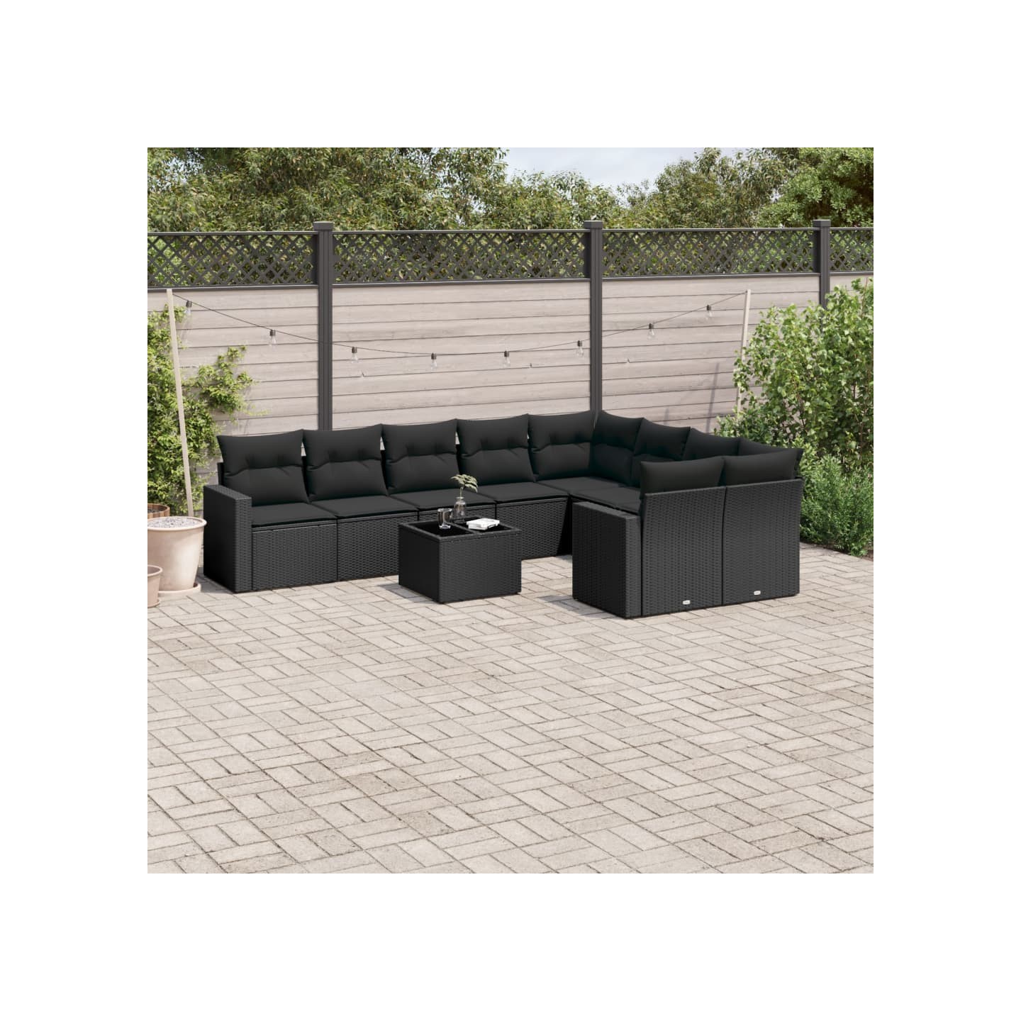 Salon de jardin 10 pcs avec coussins noir résine tressée