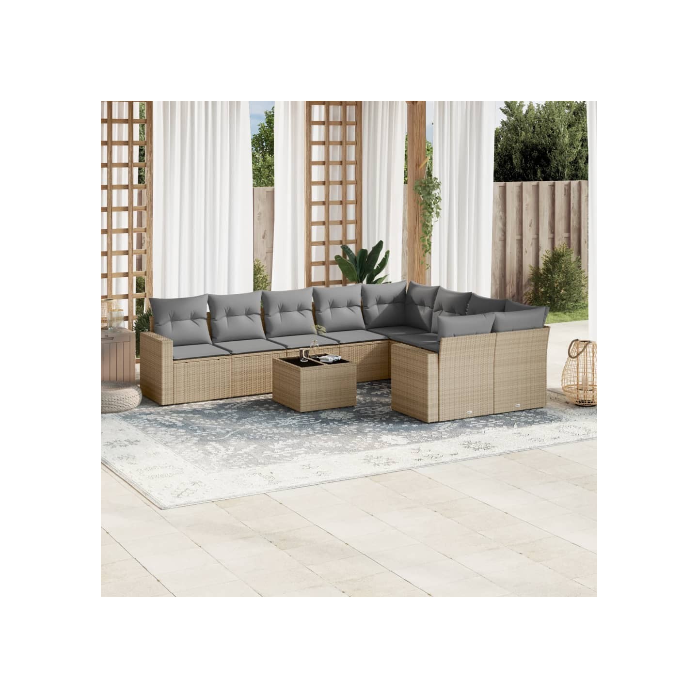 Salon de jardin avec coussins 10 pcs beige résine tressée