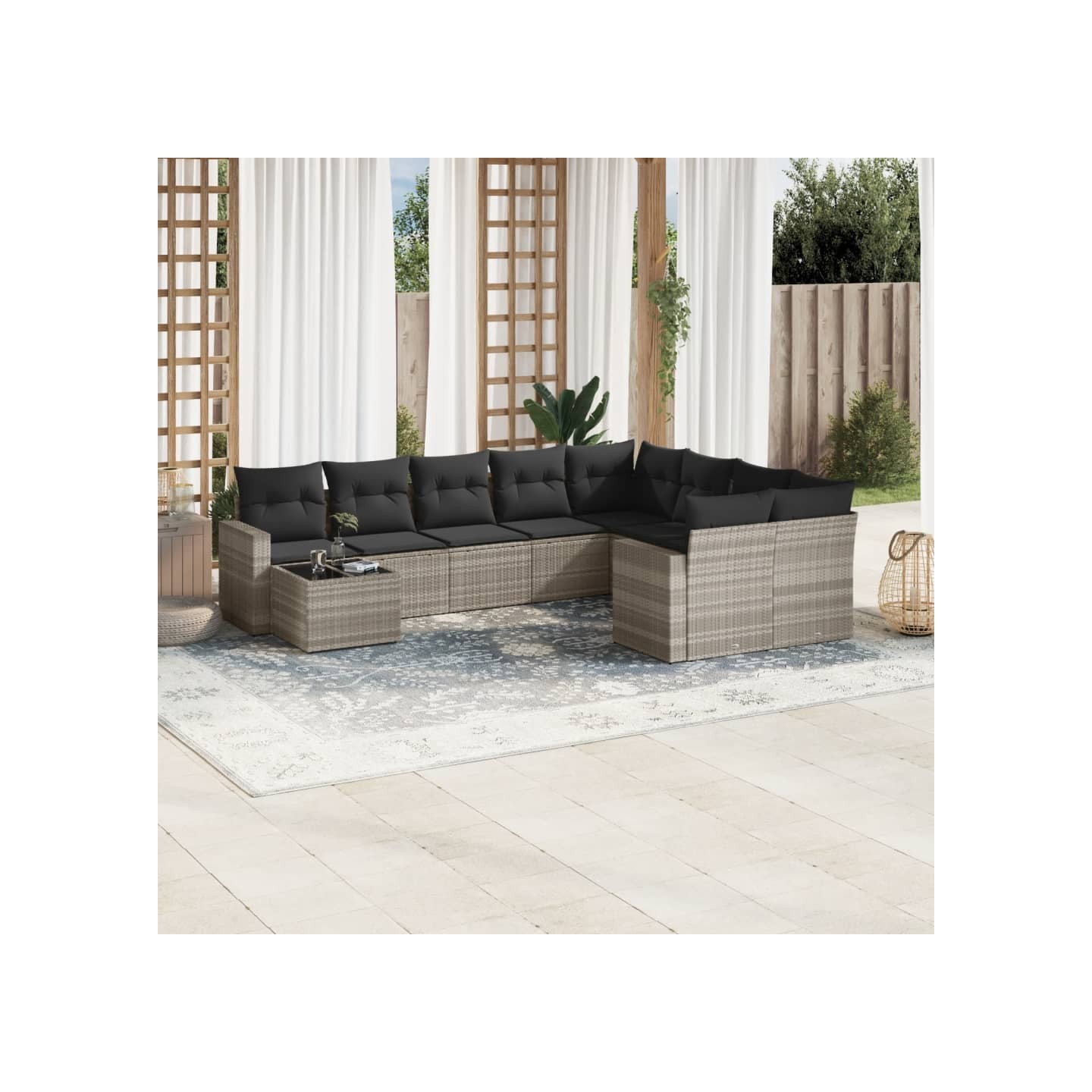 Salon de jardin avec coussins 10 pcs gris clair résine tressée