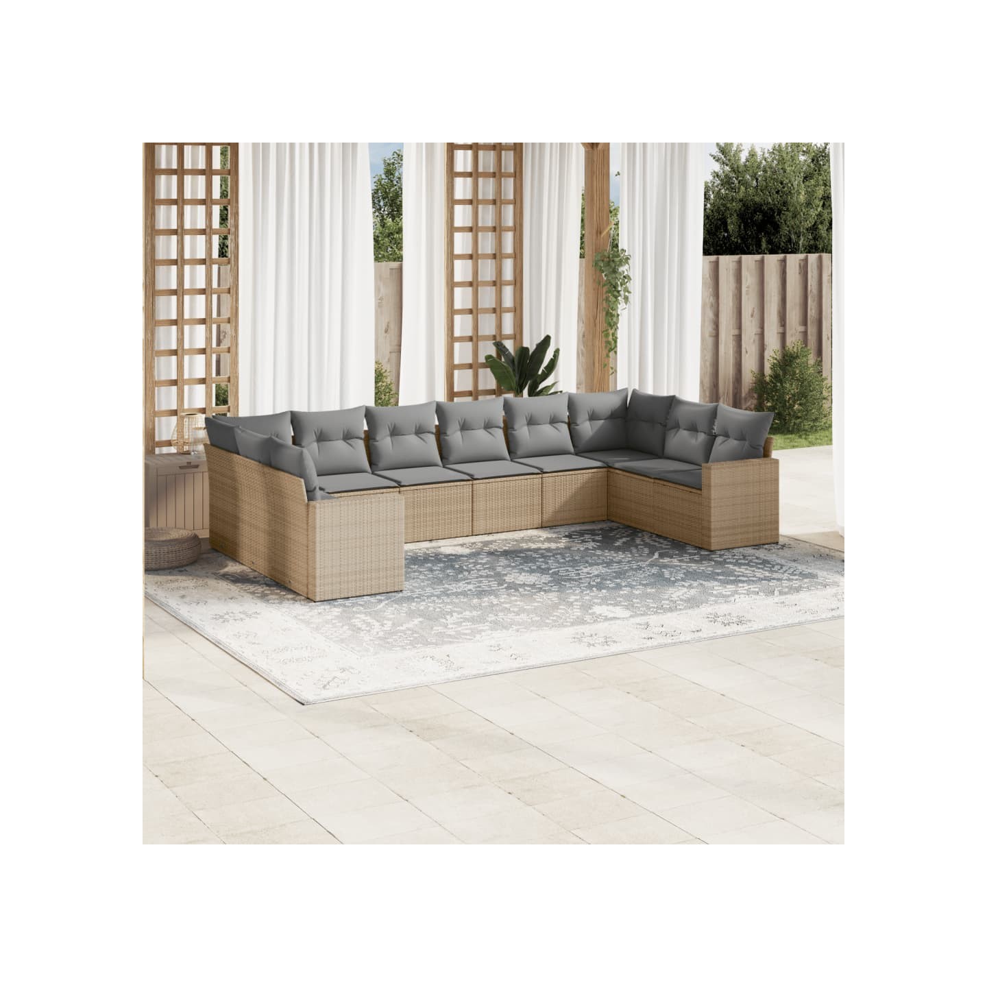Salon de jardin avec coussins 10 pcs beige résine tressée