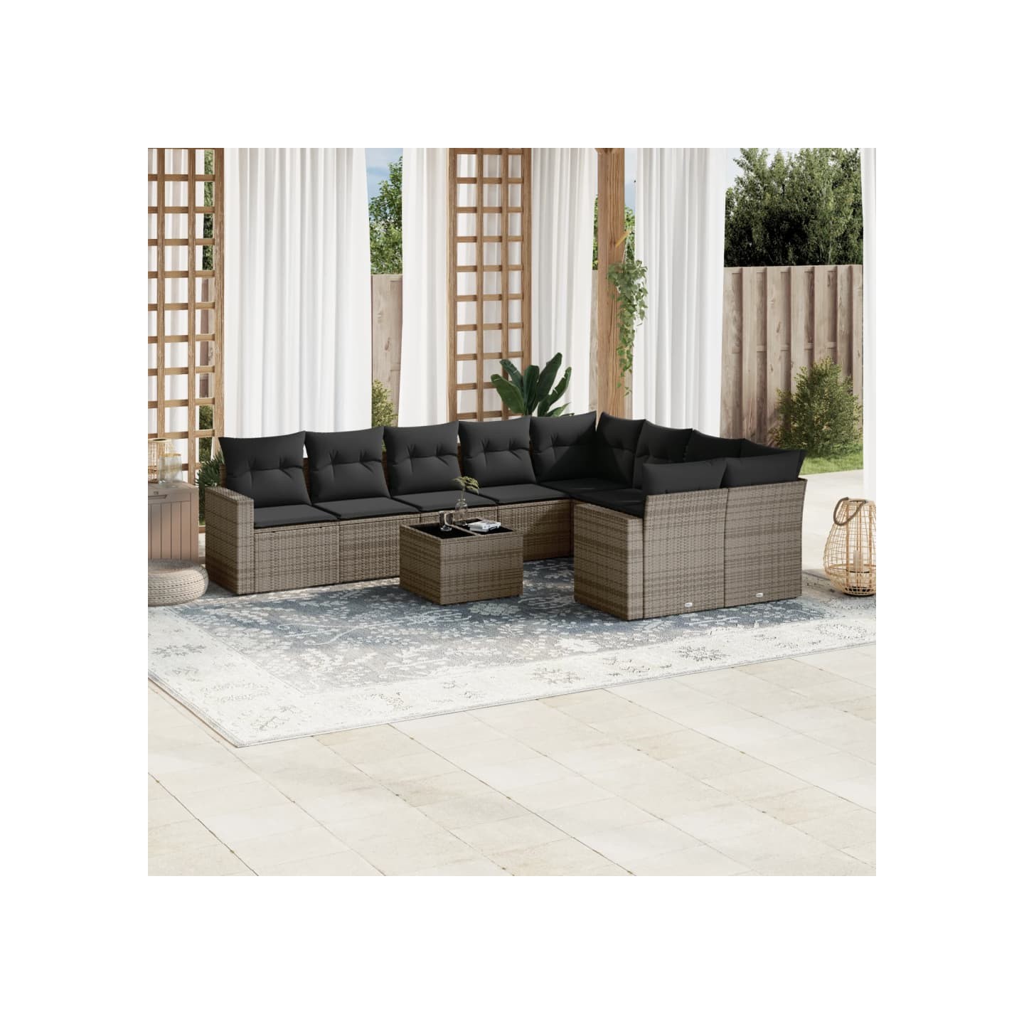 Salon de jardin avec coussins 10 pcs gris résine tressée
