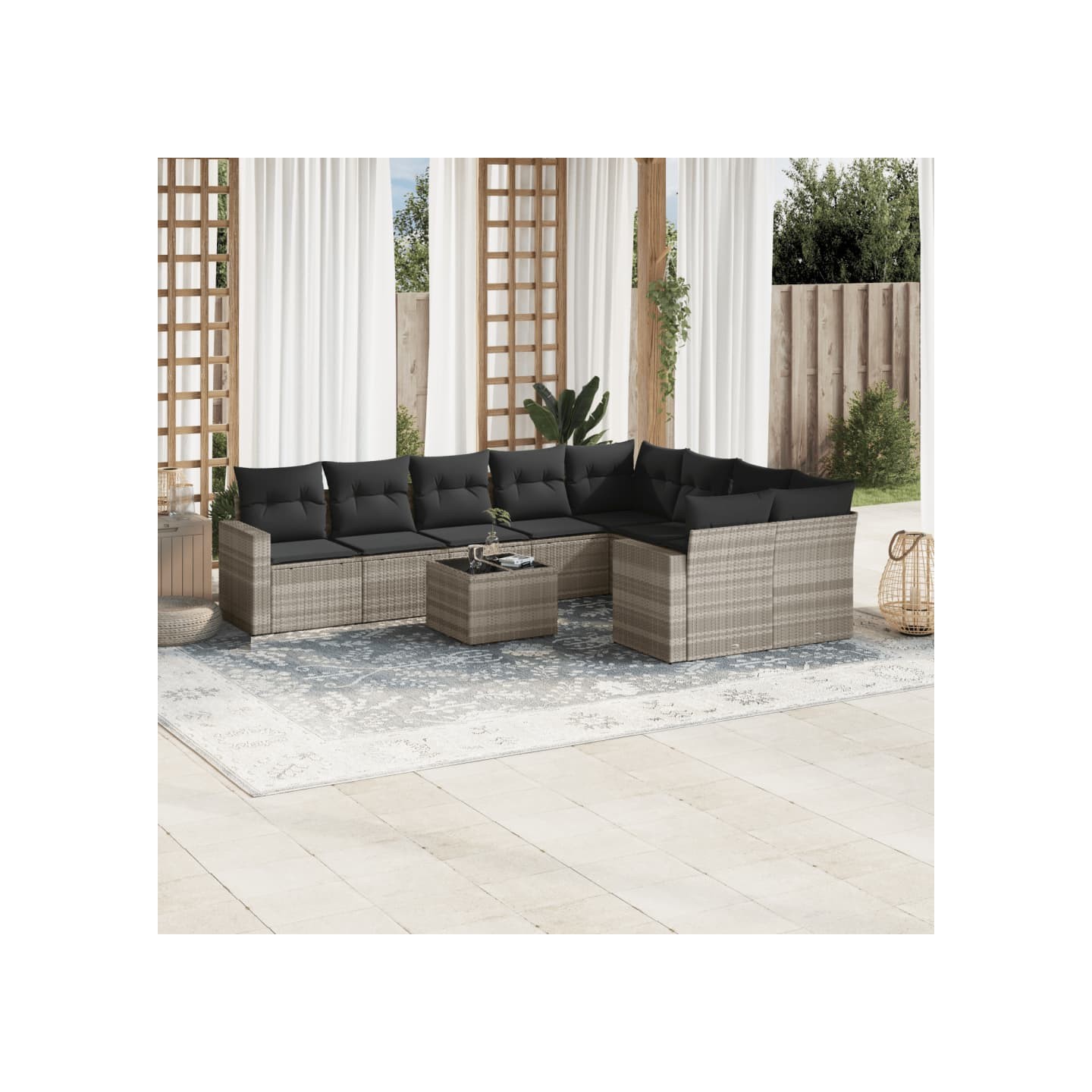 Salon de jardin avec coussins 10 pcs gris clair résine tressée