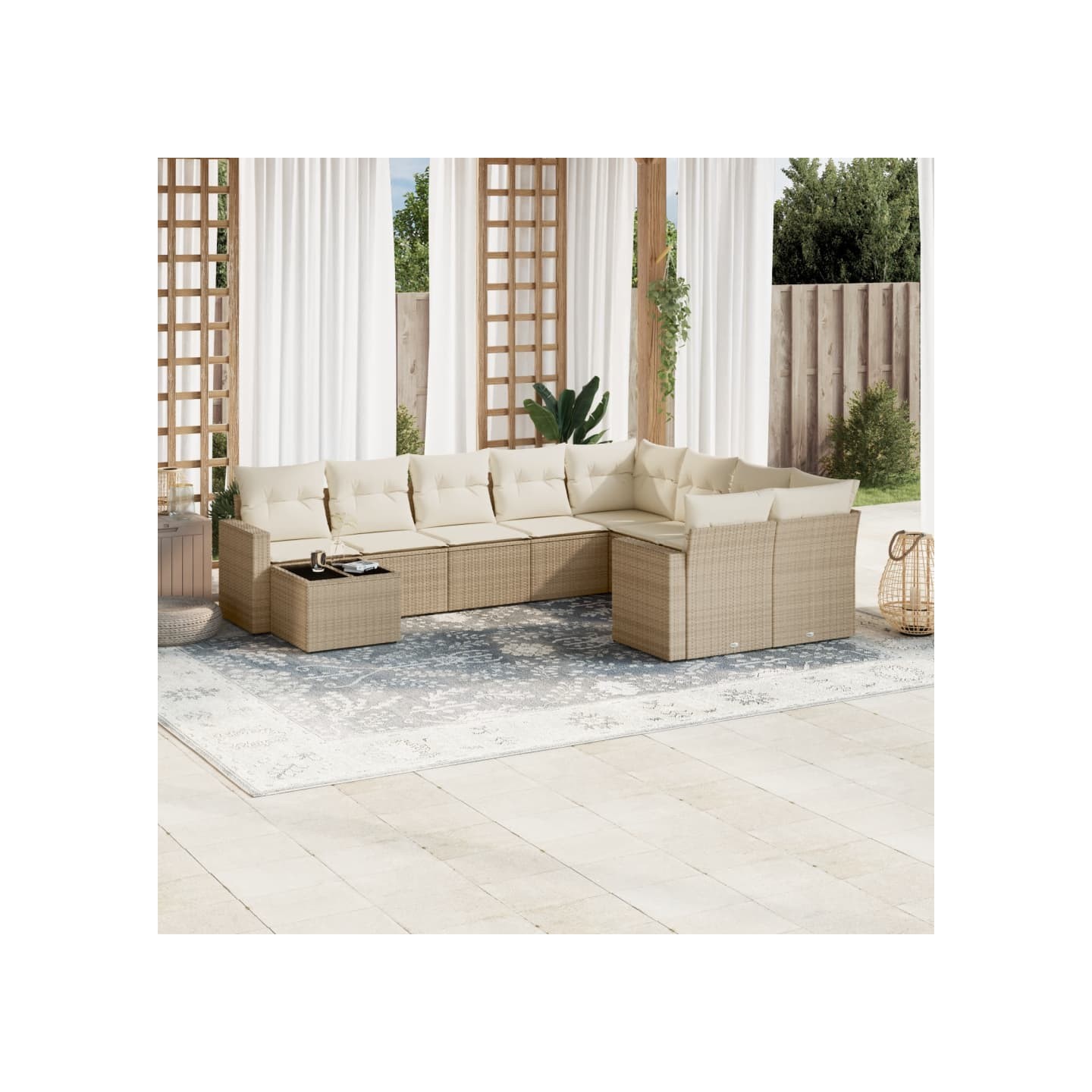 Salon de jardin avec coussins 10 pcs beige résine tressée