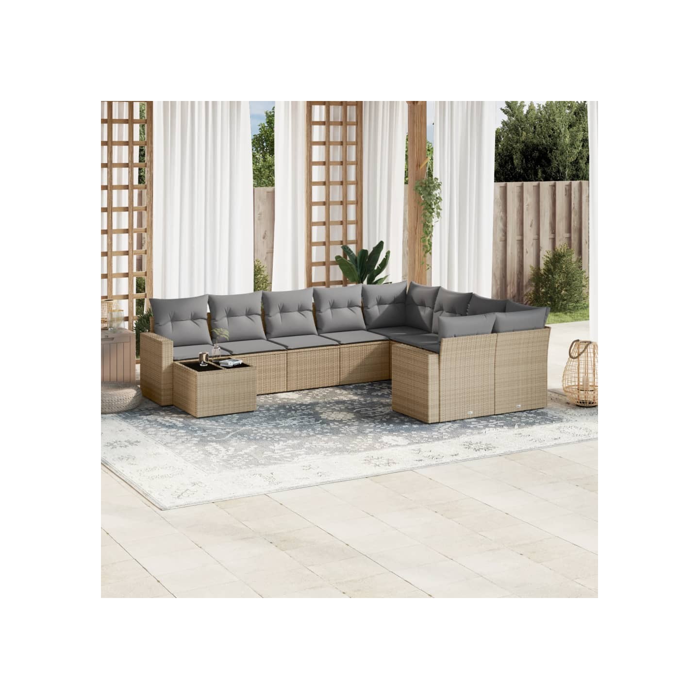 Salon de jardin avec coussins 10 pcs beige résine tressée