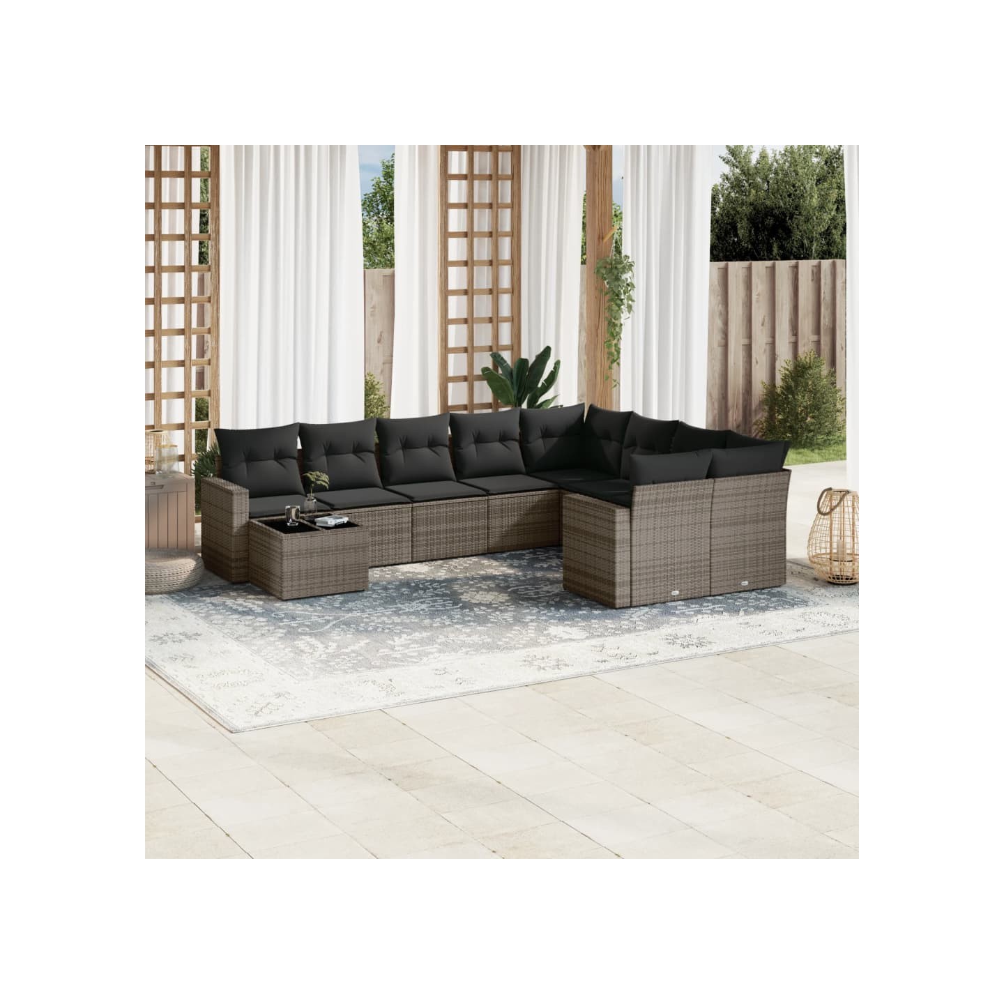 Salon de jardin avec coussins 10 pcs gris résine tressée