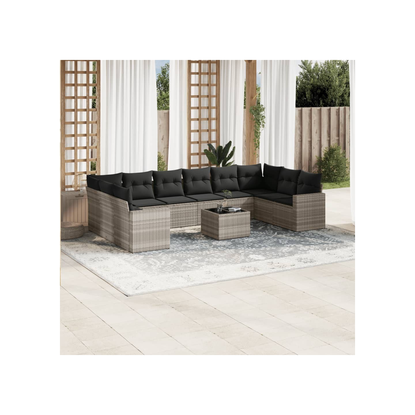 Salon de jardin 11 pcs avec coussins gris clair résine tressée
