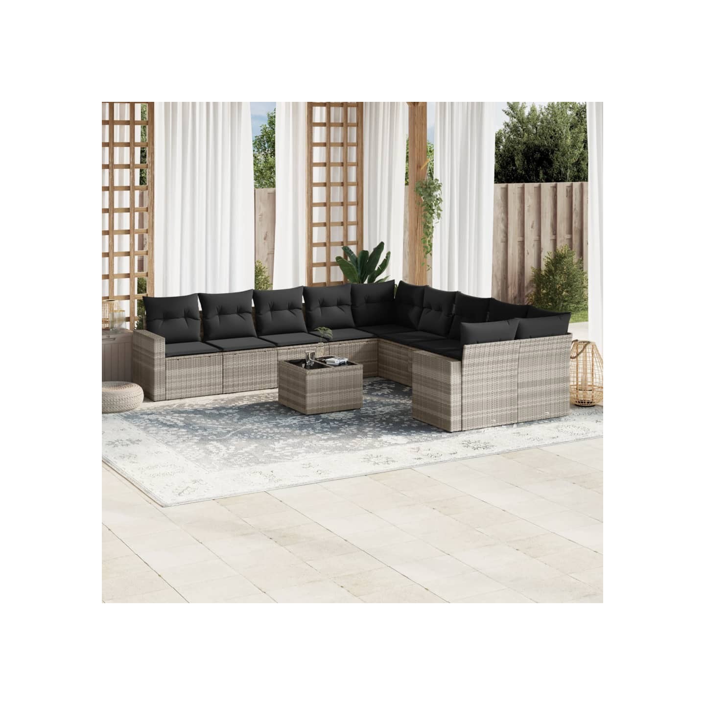 Salon de jardin 11 pcs avec coussins gris clair résine tressée