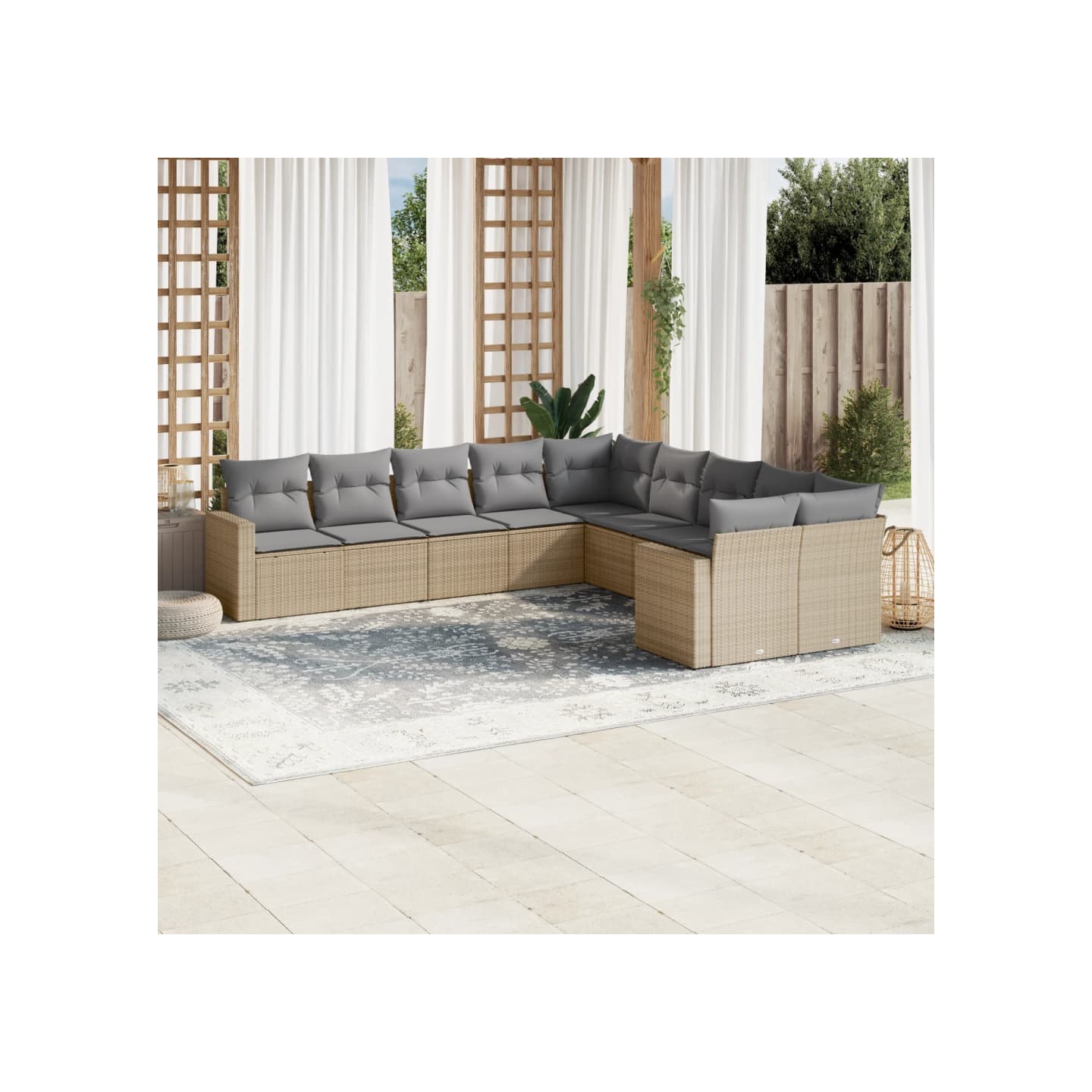 Salon de jardin avec coussins 10 pcs beige résine tressée