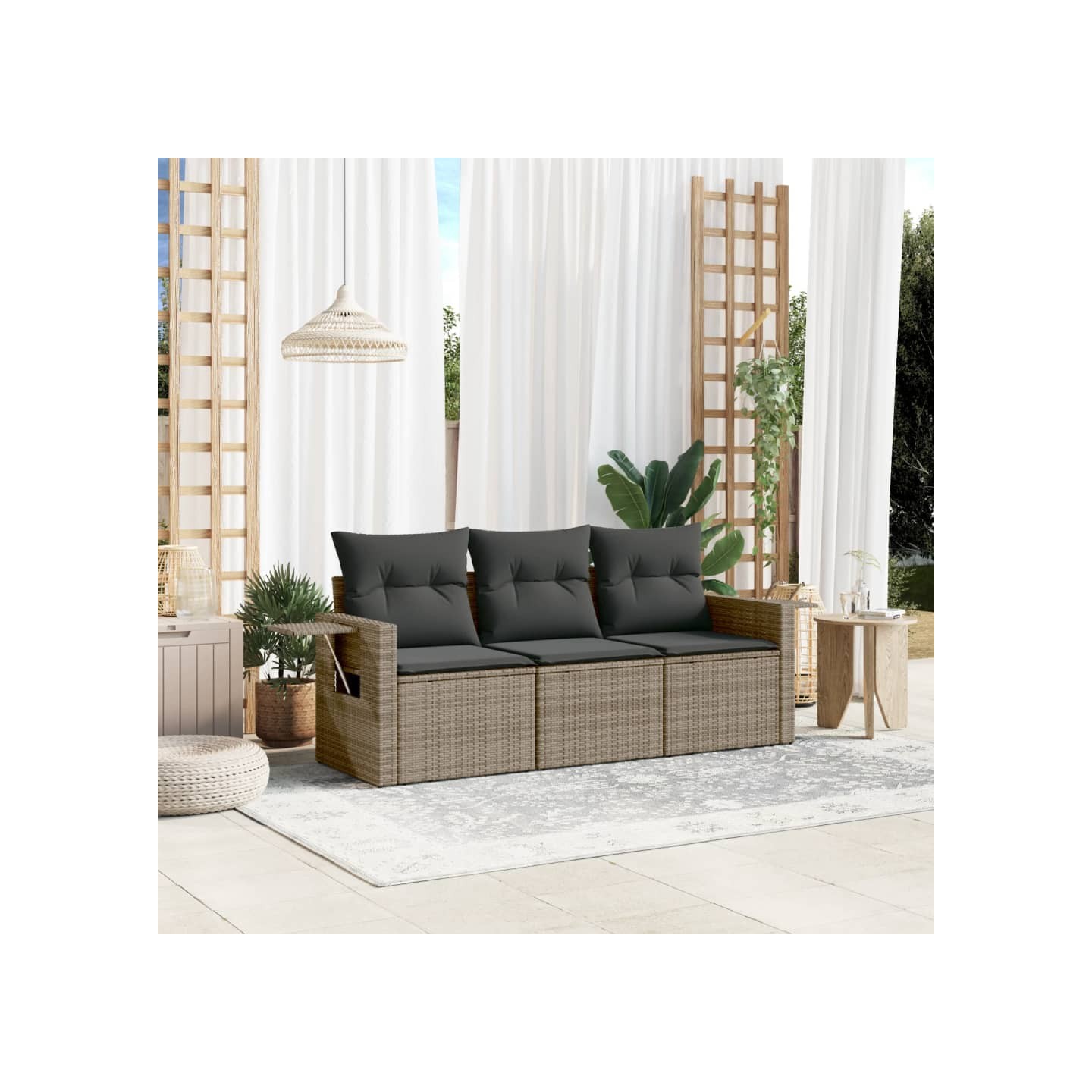 Salon de jardin avec coussins 3 pcs gris résine tressée