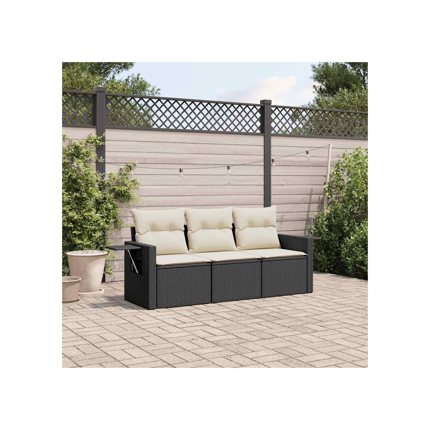 Salon de jardin 3 pcs avec coussins noir résine tressée